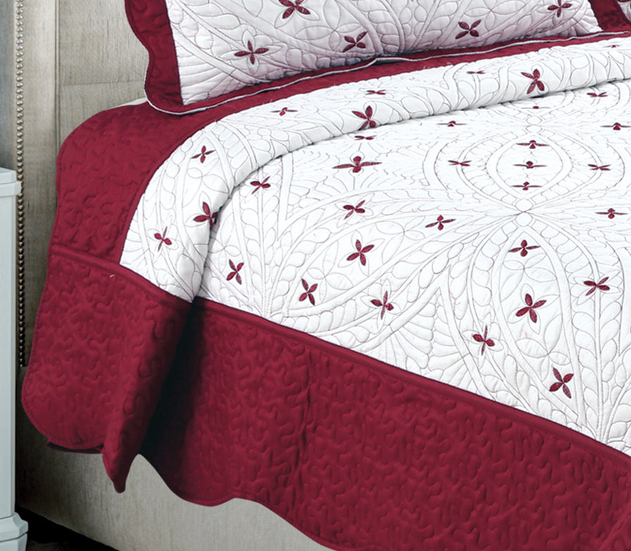 Embroidered Stitching Soft Bedding Solid Summer Quilt Set, Red Floral Color
