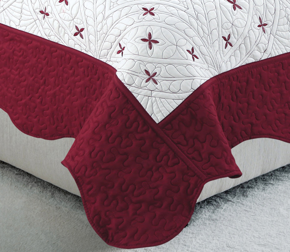 Embroidered Stitching Soft Bedding Solid Summer Quilt Set, Red Floral Color