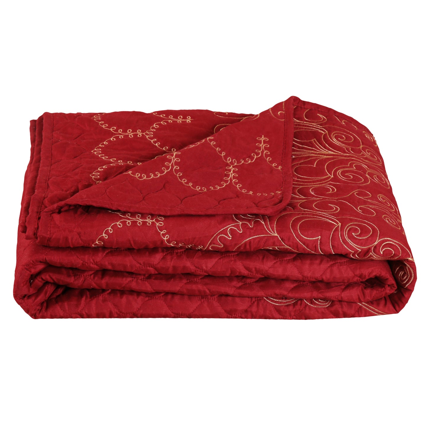 Embroidered Stitching Soft Bedding Solid Summer Quilt Set, Red Floral Color