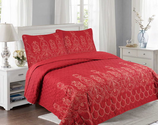 Embroidered Stitching Soft Bedding Solid Summer Quilt Set, Red Floral Color