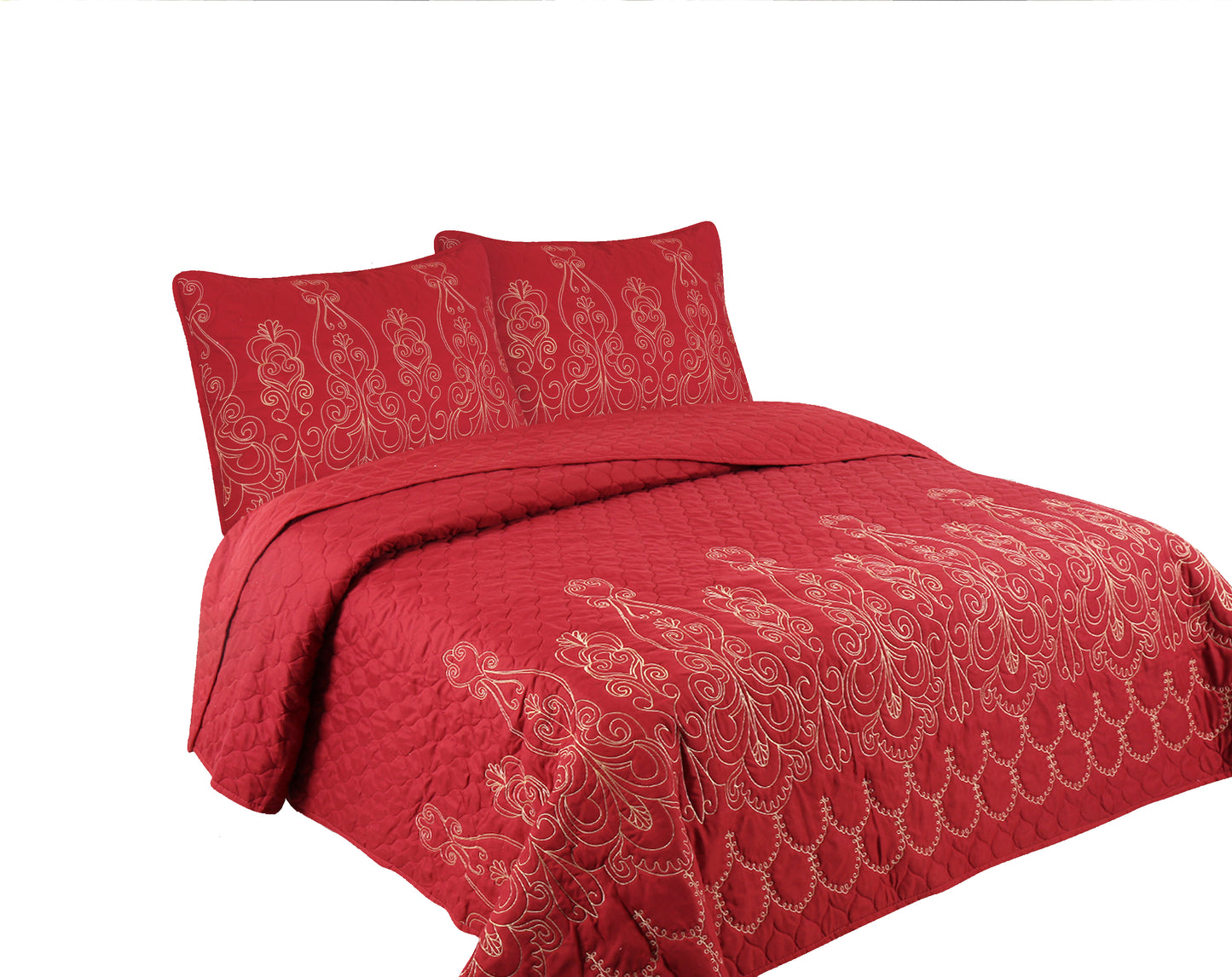 Embroidered Stitching Soft Bedding Solid Summer Quilt Set, Red Floral Color