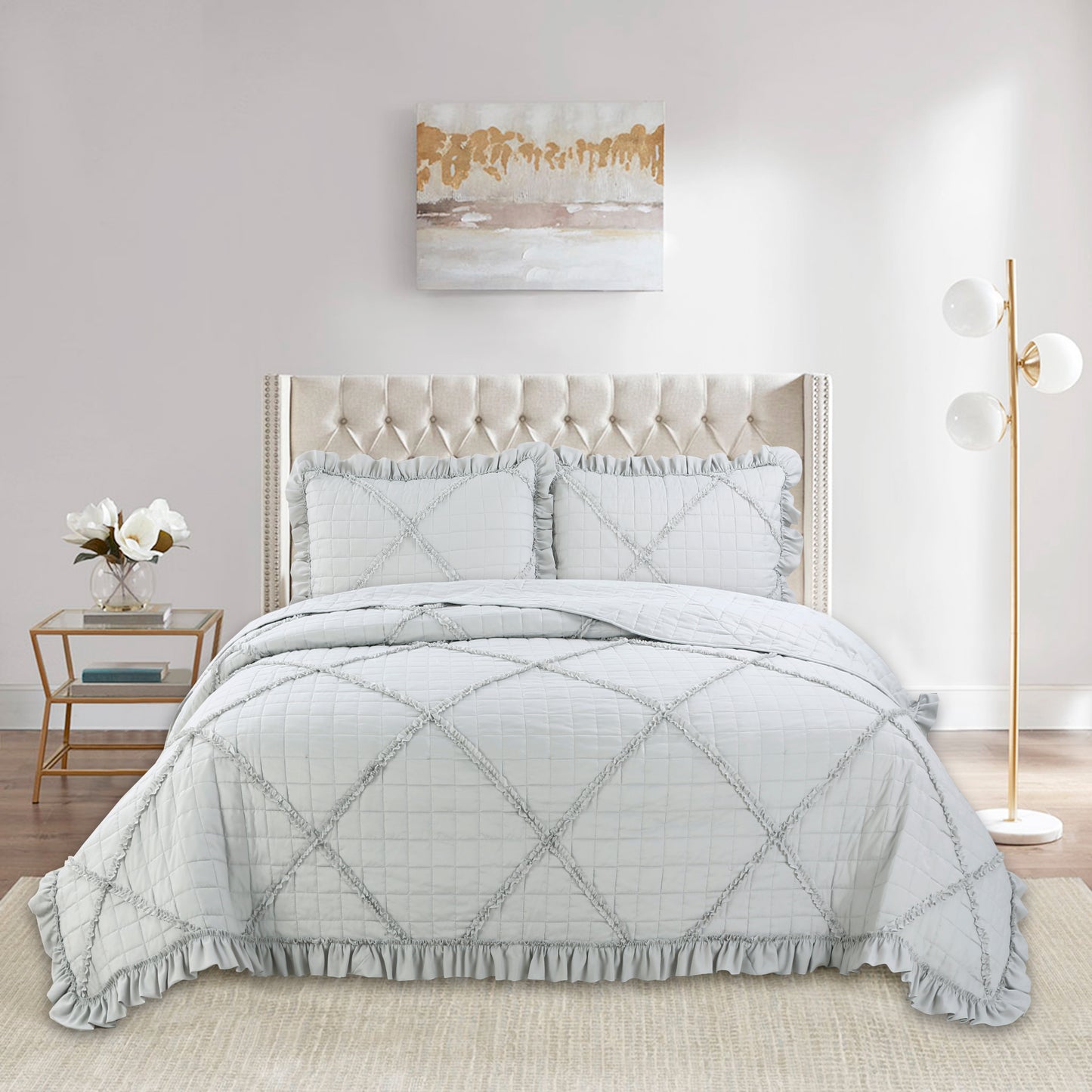 Embroidered Stitching Ruffled Textured Shabby Soft Bedding Solid Summer Quilt Set