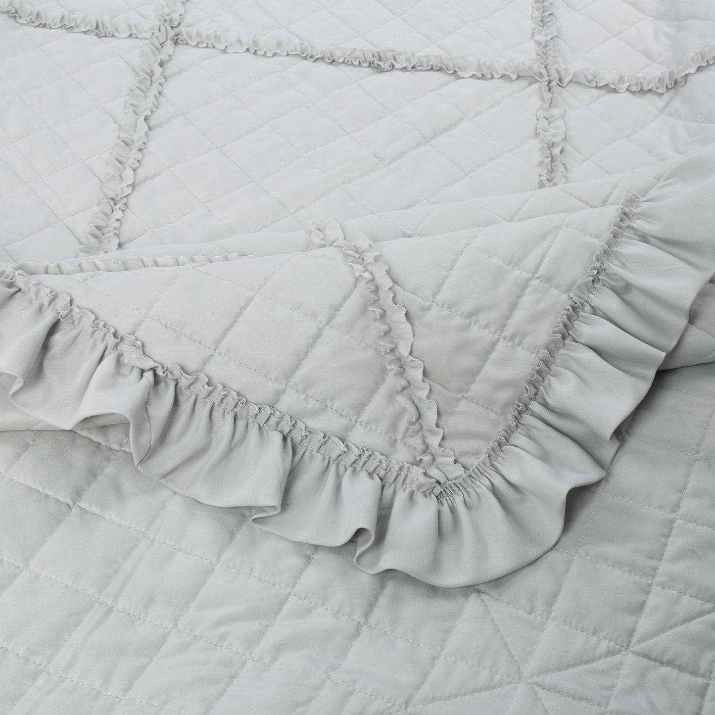 Embroidered Stitching Ruffled Textured Shabby Soft Bedding Solid Summer Quilt Set