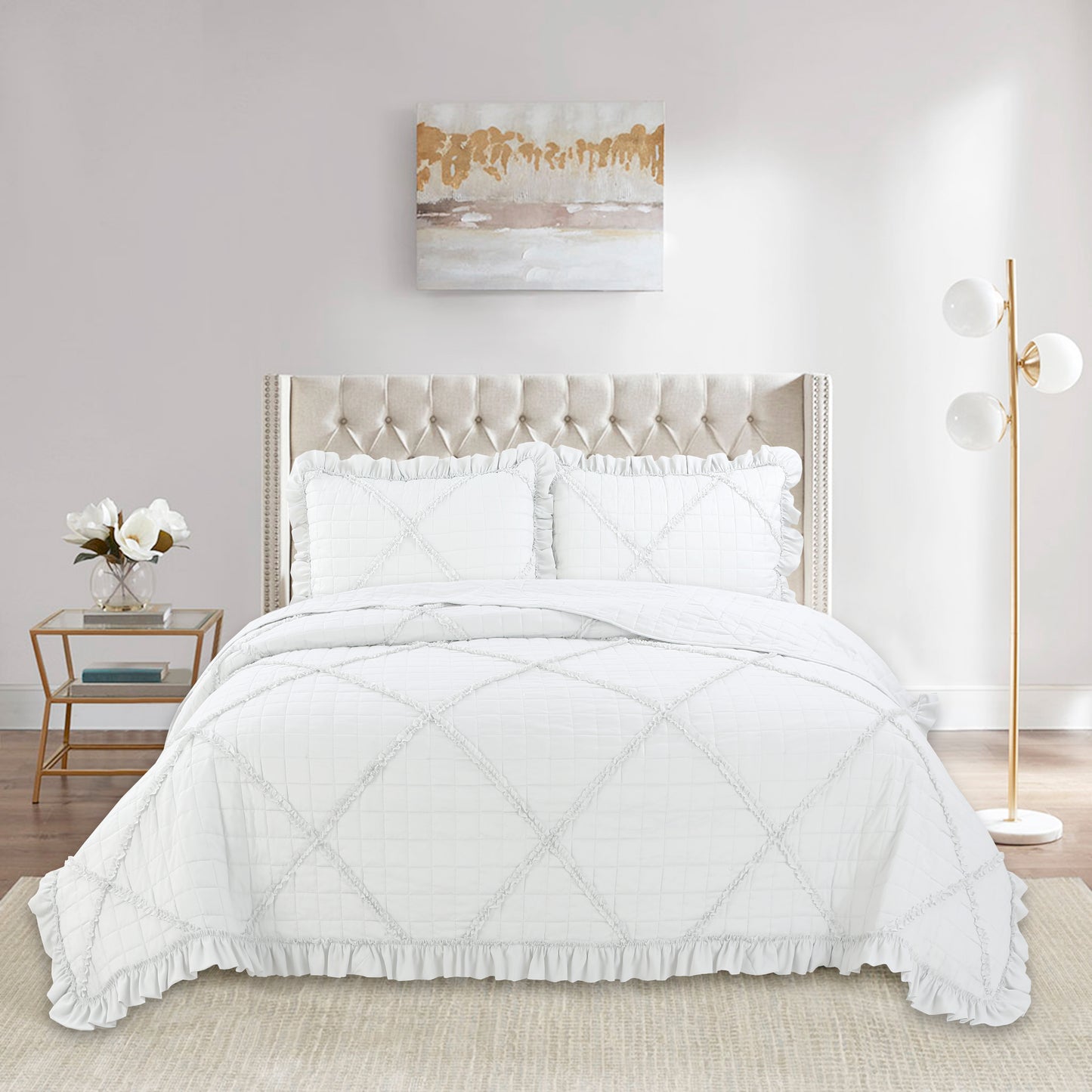 Embroidered Stitching Ruffled Textured Shabby Soft Bedding Solid Summer Quilt Set