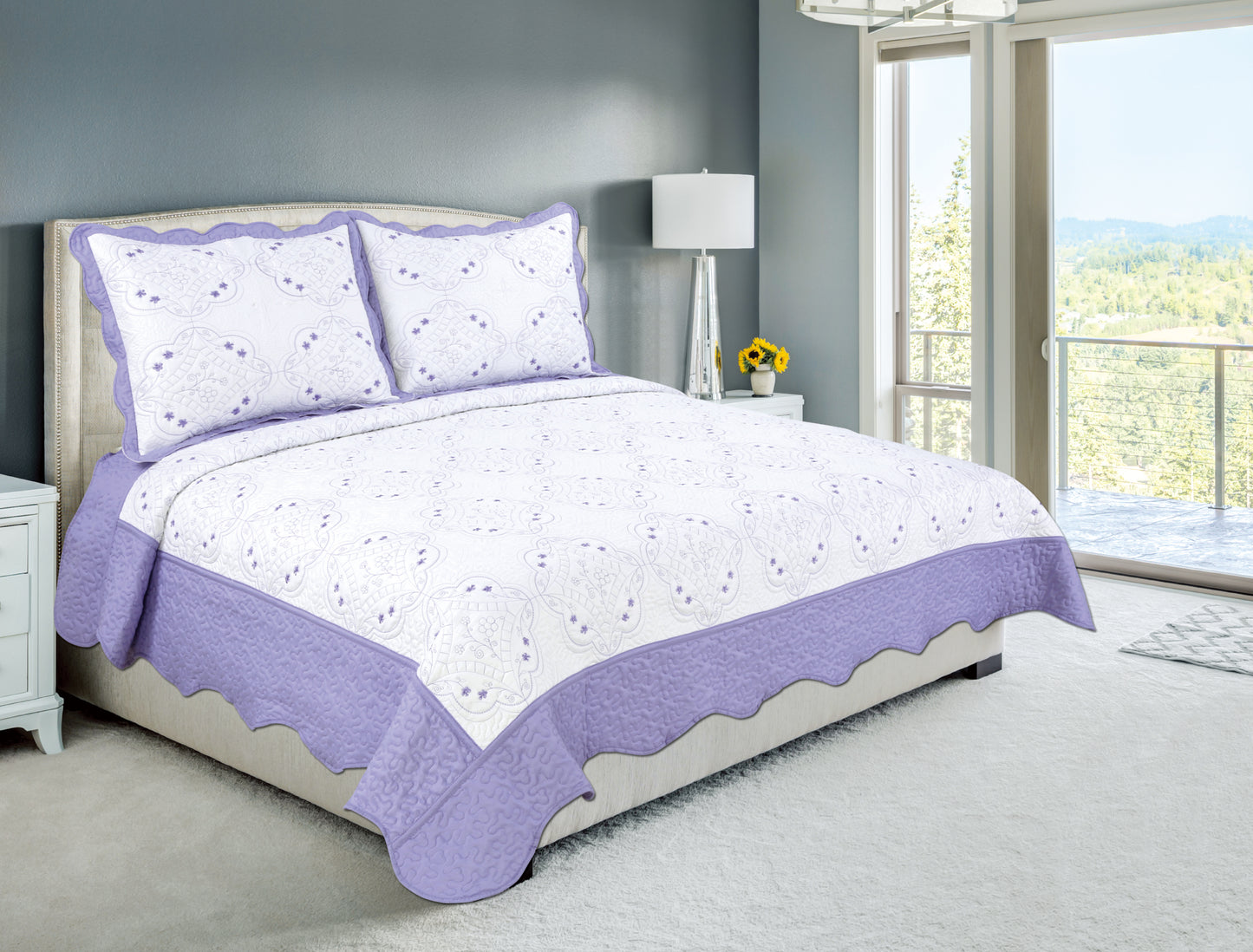 Embroidered Stitching Soft Bedding Solid Summer Quilt Set, Purple Floral Color