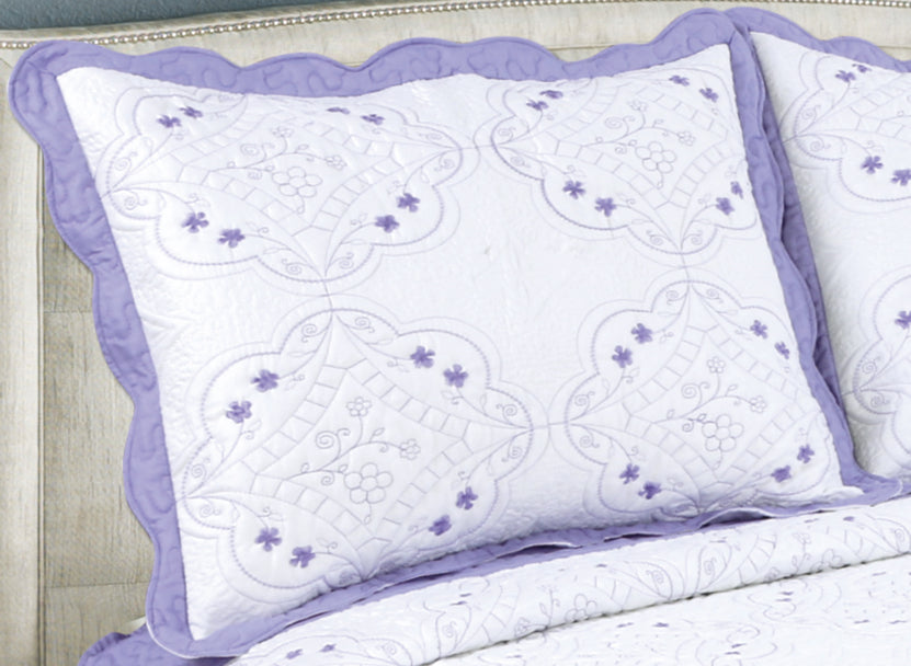 Embroidered Stitching Soft Bedding Solid Summer Quilt Set, Purple Floral Color