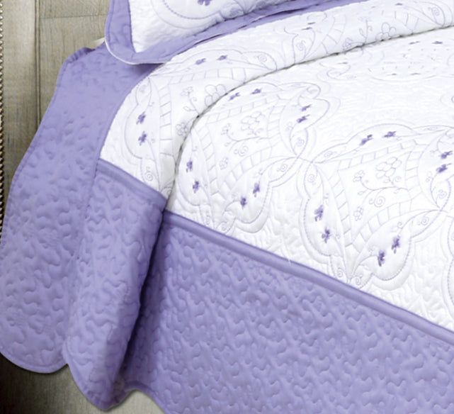 Embroidered Stitching Soft Bedding Solid Summer Quilt Set, Purple Floral Color