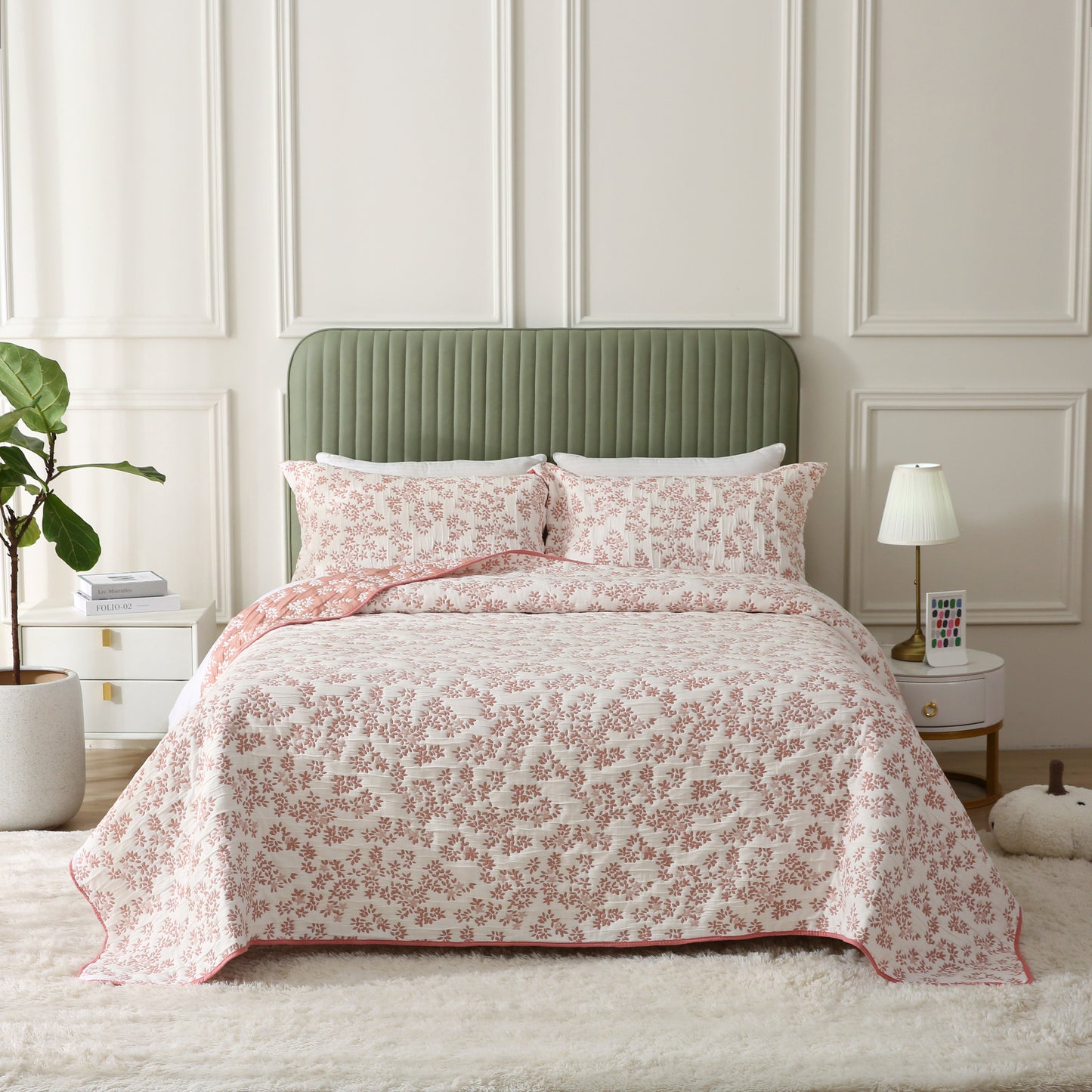 Jacquard Embroidered Stitching Soft Bedding Solid Summer Quilt Set, Pink Floral