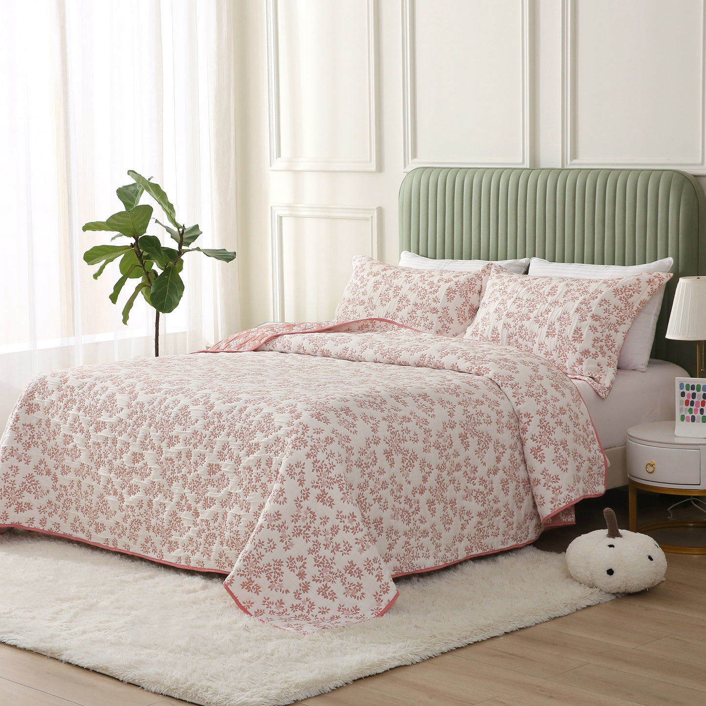Jacquard Embroidered Stitching Soft Bedding Solid Summer Quilt Set, Pink Floral