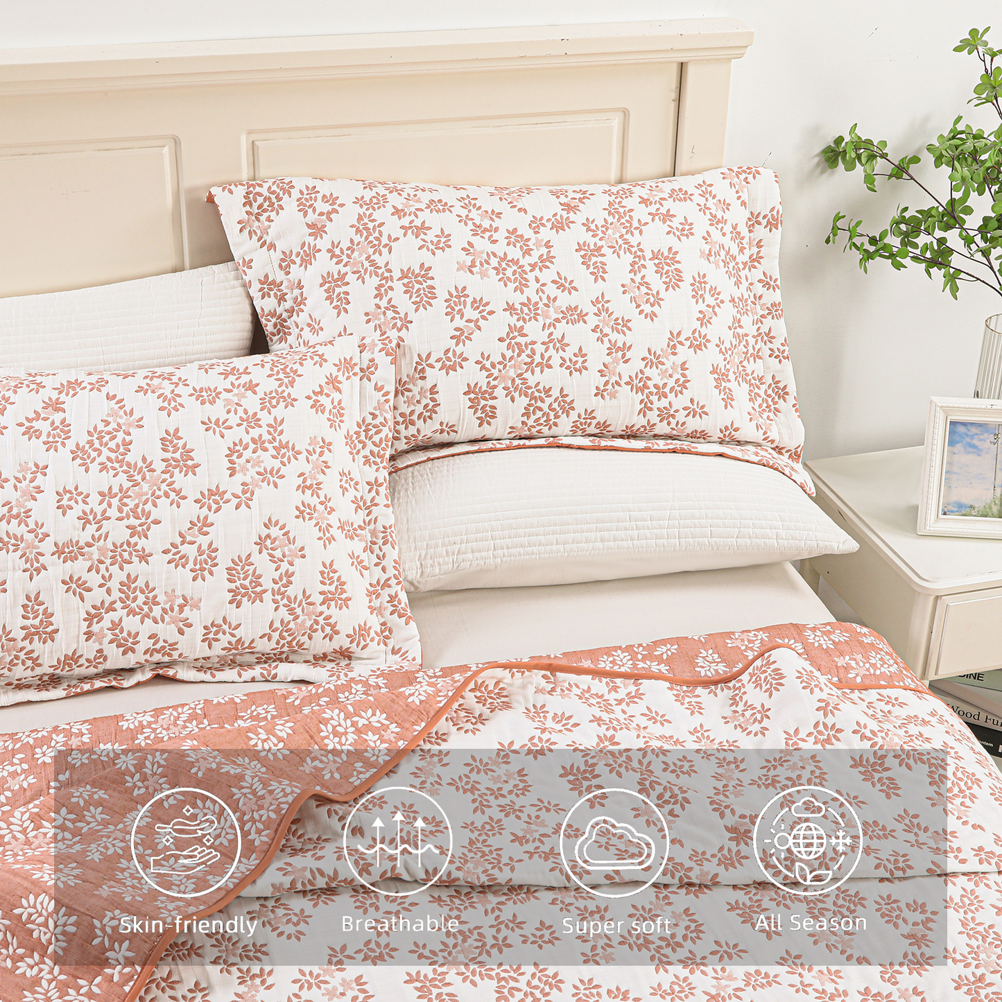 Jacquard Embroidered Stitching Soft Bedding Solid Summer Quilt Set, Pink Floral