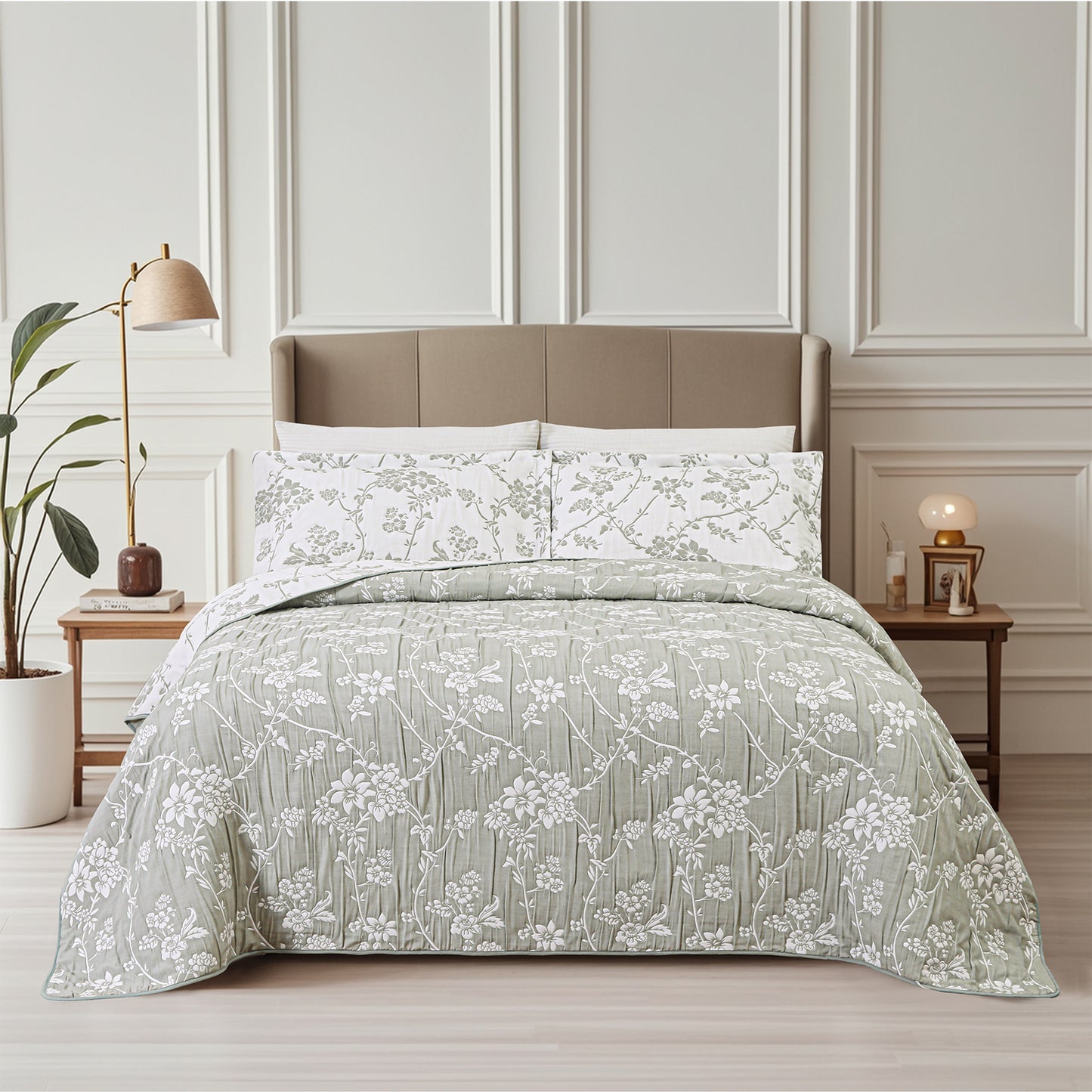 Jacquard Embroidered Stitching Soft Bedding Solid Summer Quilt Set, Green Floral