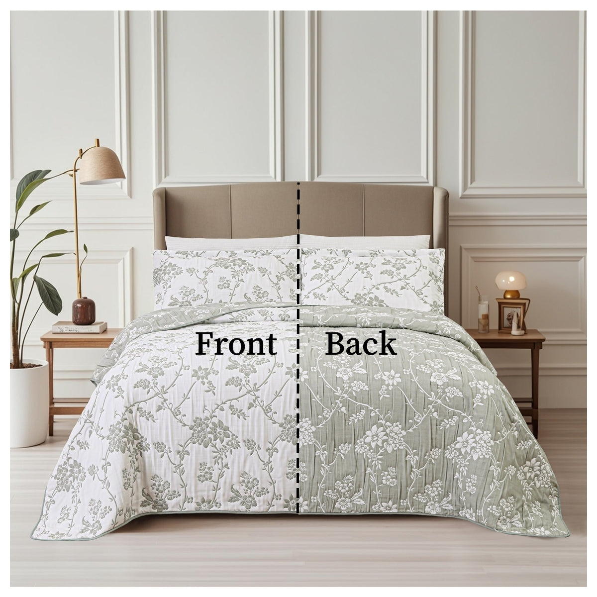 Jacquard Embroidered Stitching Soft Bedding Solid Summer Quilt Set, Green Floral