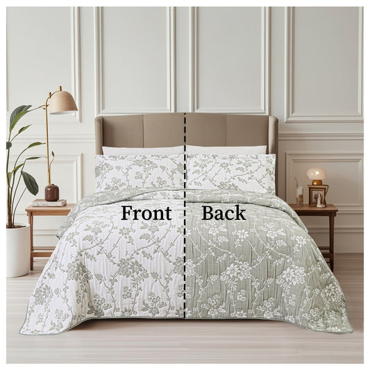 Jacquard Embroidered Stitching Soft Bedding Solid Summer Quilt Set, Green Floral