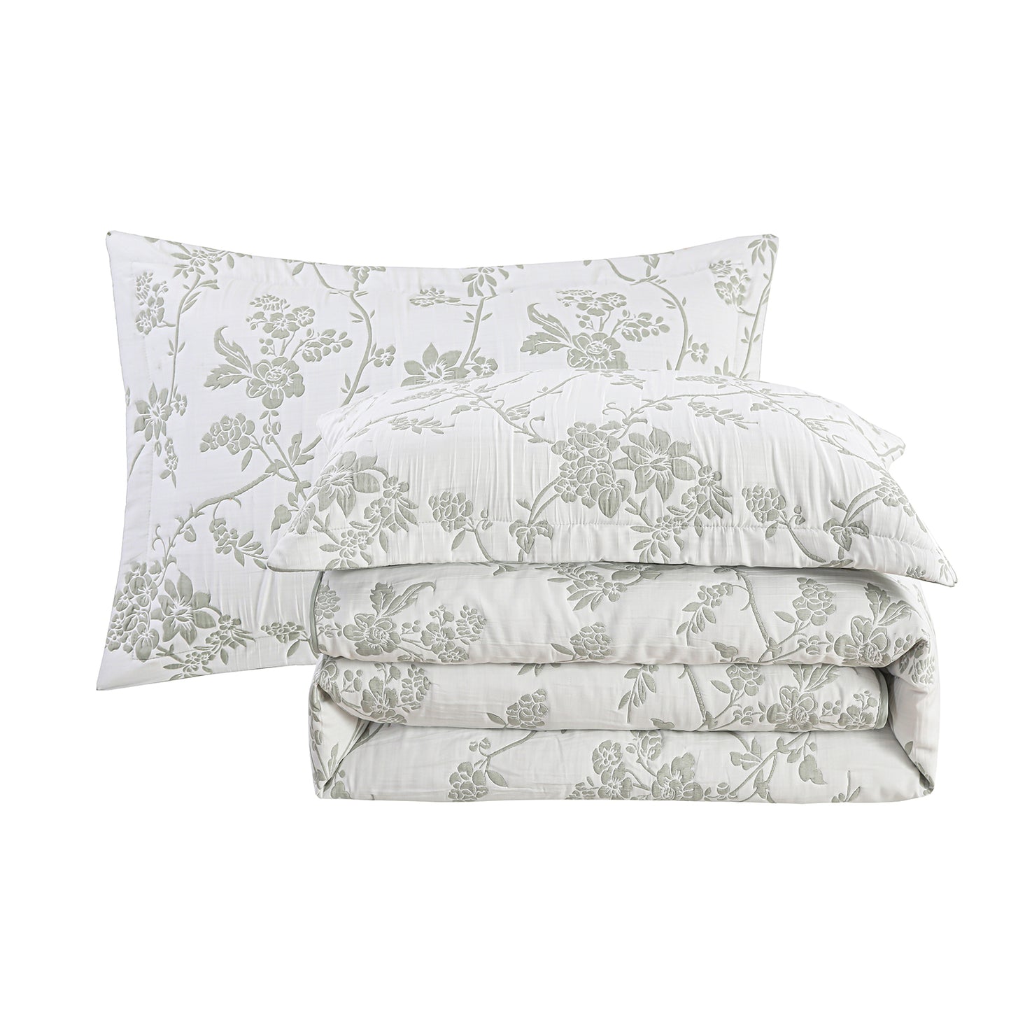 Jacquard Embroidered Stitching Soft Bedding Solid Summer Quilt Set, Green Floral