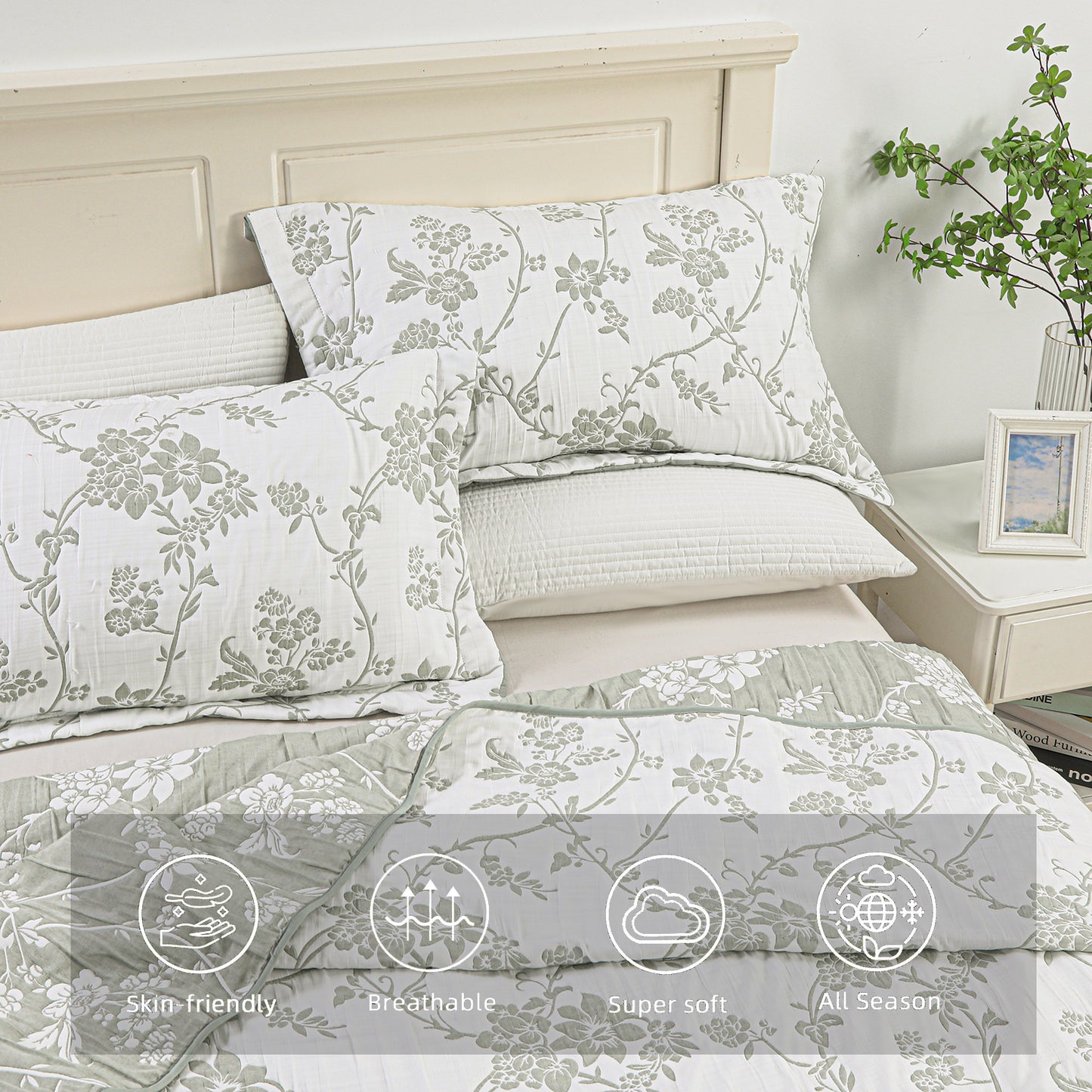 Jacquard Embroidered Stitching Soft Bedding Solid Summer Quilt Set, Green Floral