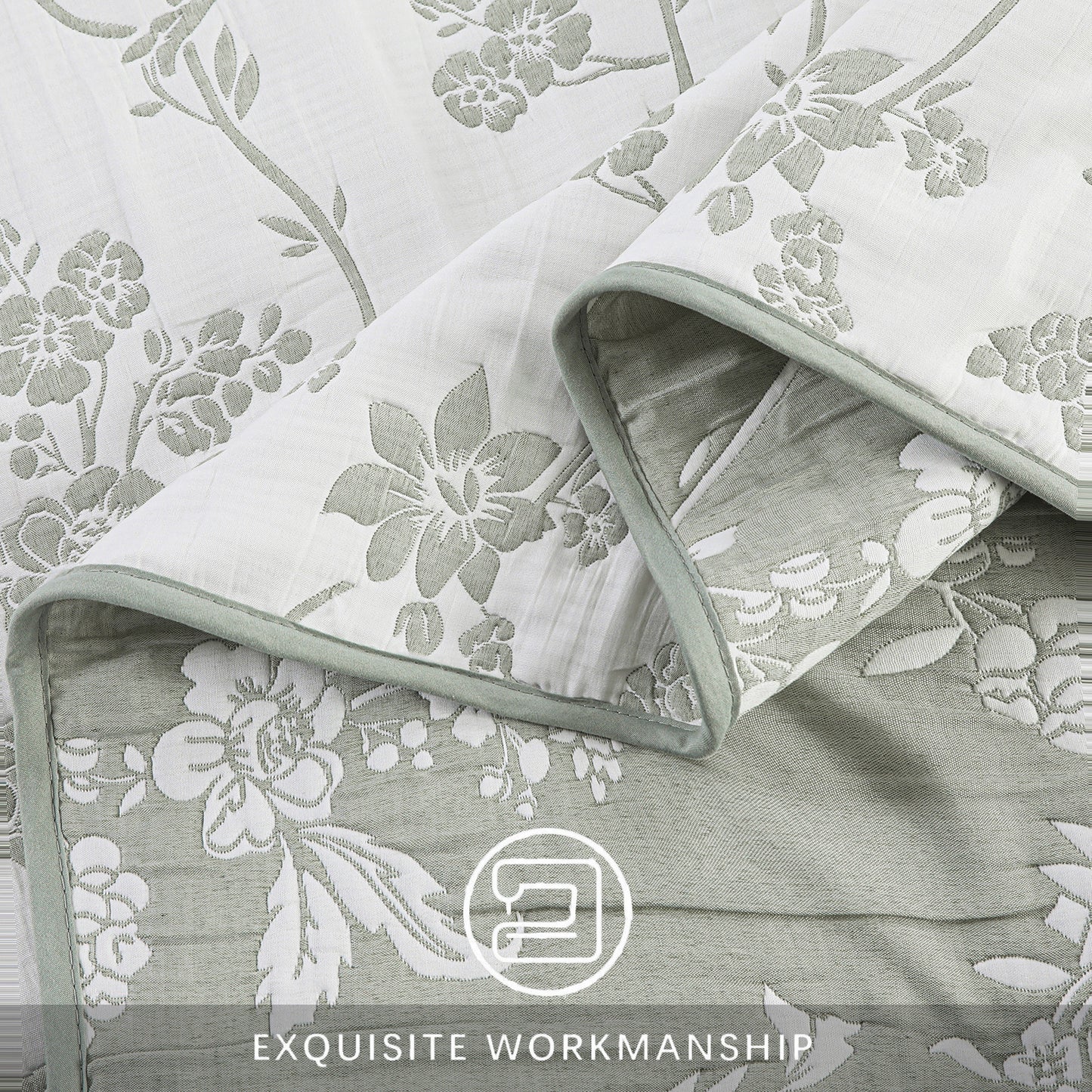 Jacquard Embroidered Stitching Soft Bedding Solid Summer Quilt Set, Green Floral