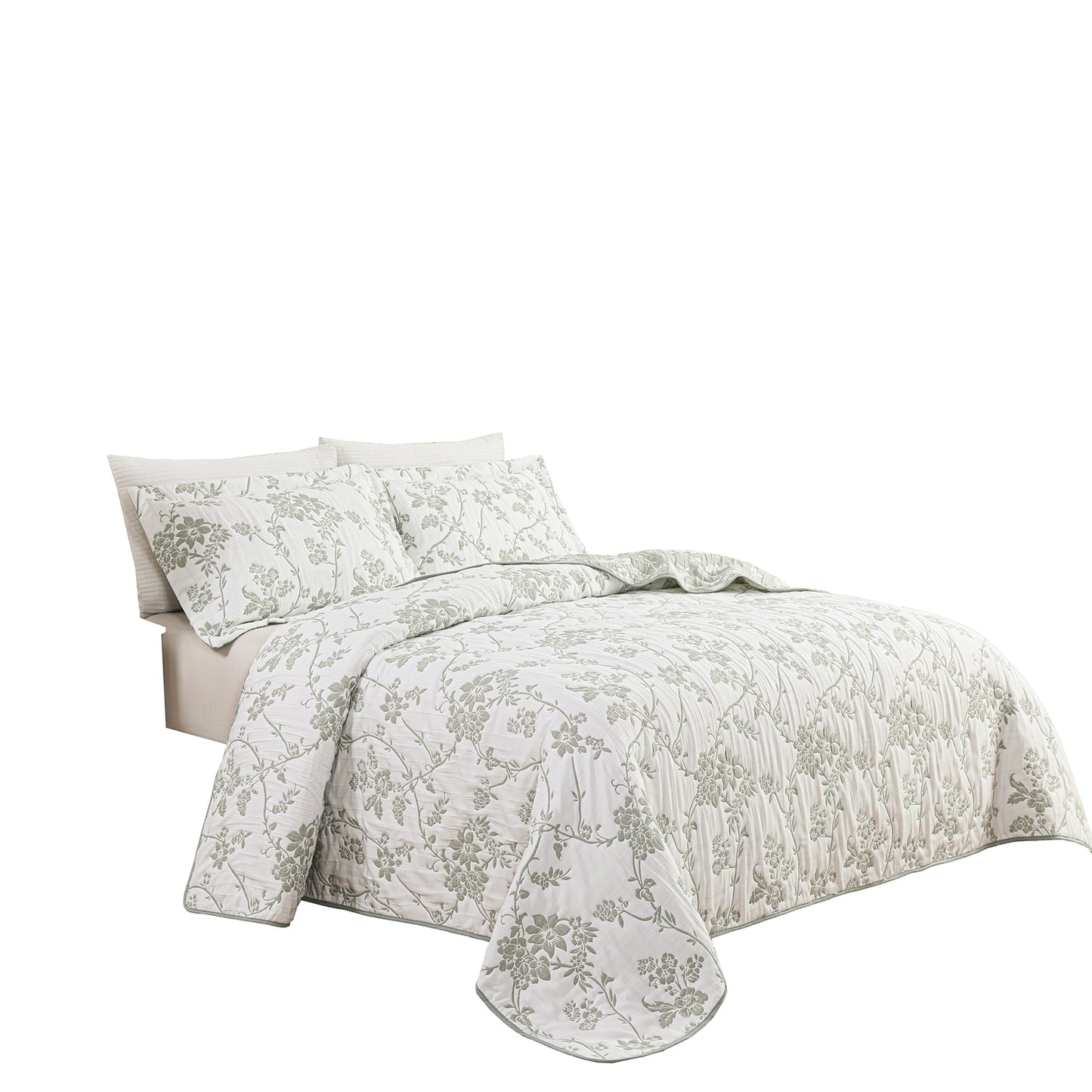Jacquard Embroidered Stitching Soft Bedding Solid Summer Quilt Set, Green Floral