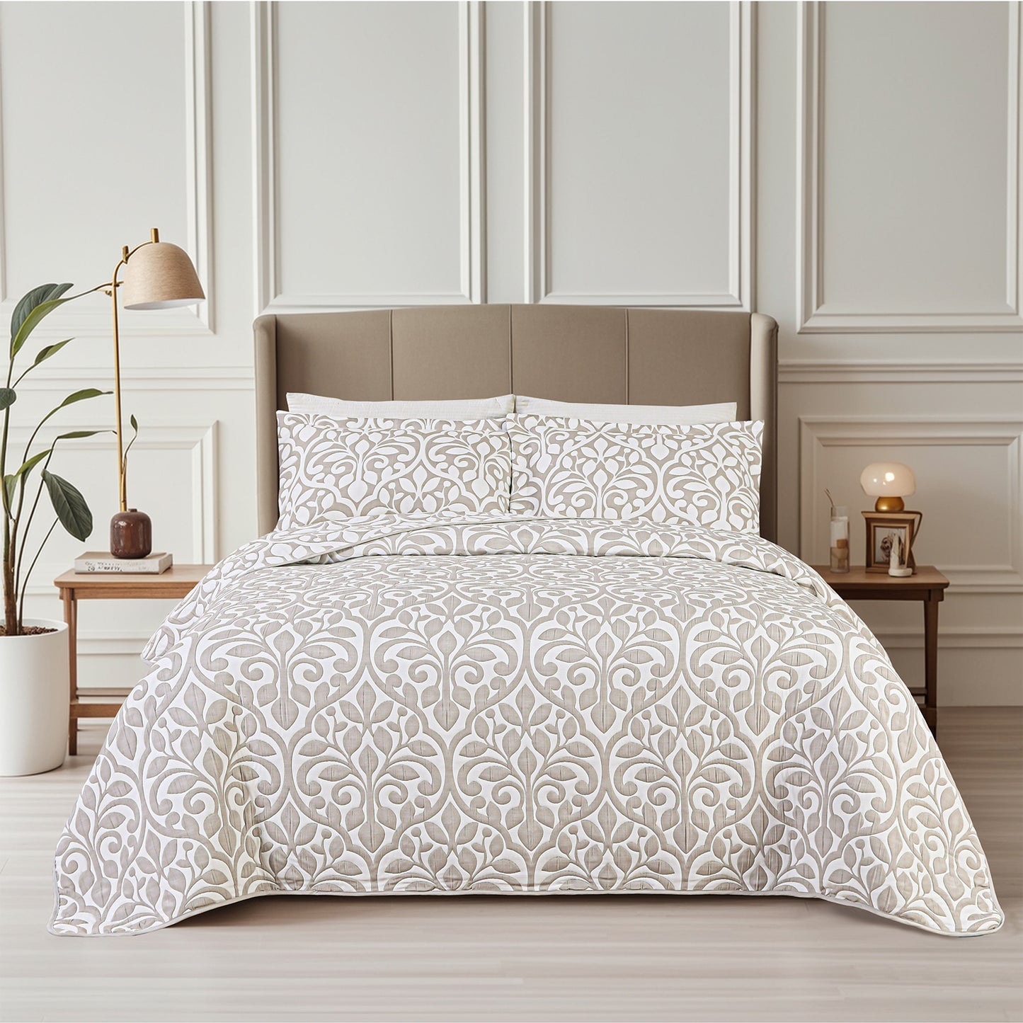 Jacquard Embroidered Stitching Soft Bedding Solid Summer Quilt Set, Grey Leaves