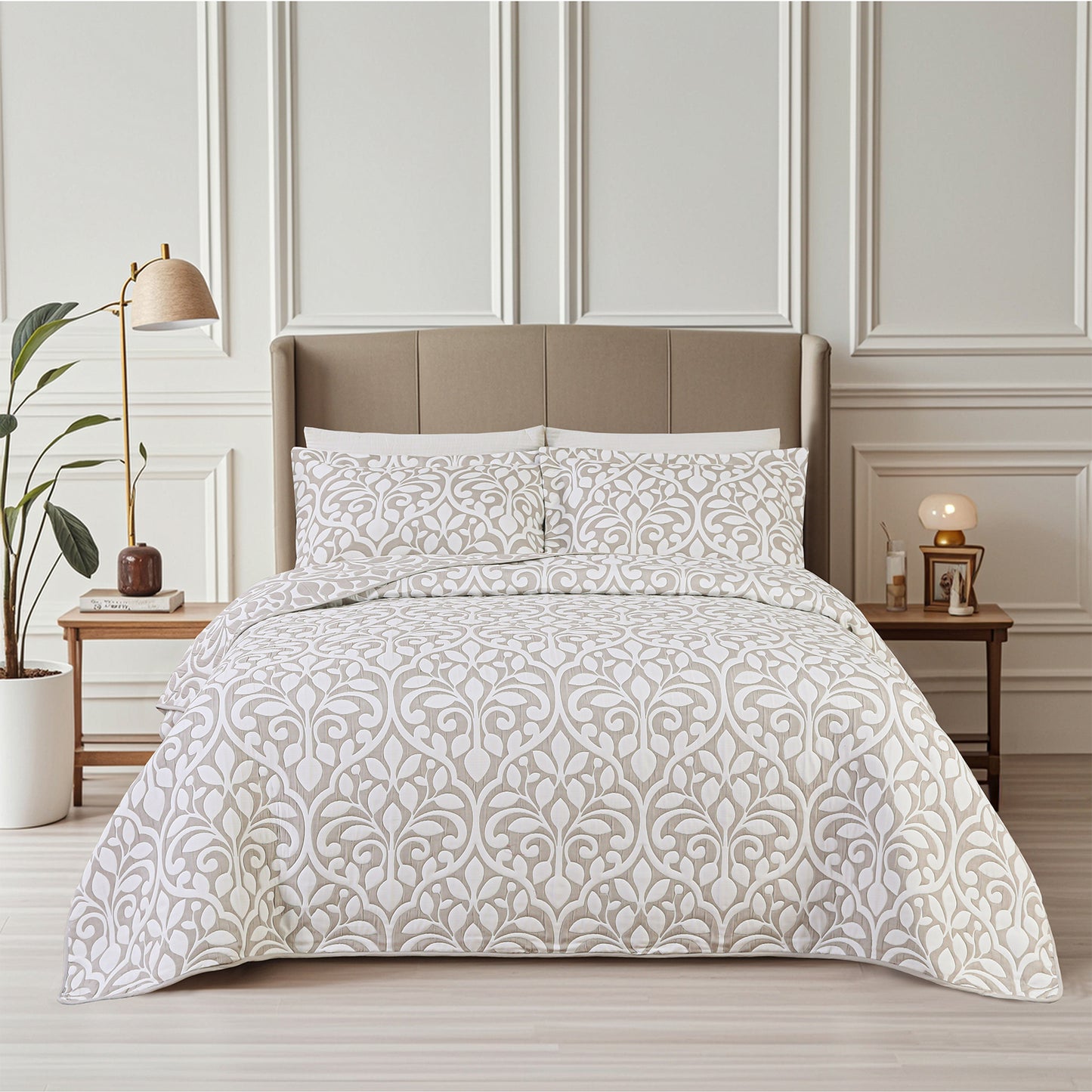 Jacquard Embroidered Stitching Soft Bedding Solid Summer Quilt Set, Grey Leaves