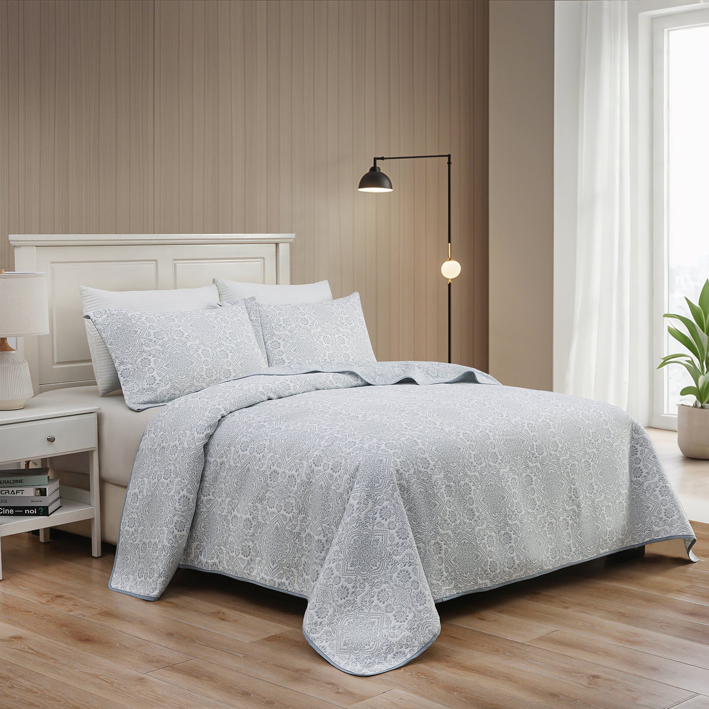 Jacquard Embroidered Stitching Soft Bedding Solid Summer Quilt Set, Blue Floral