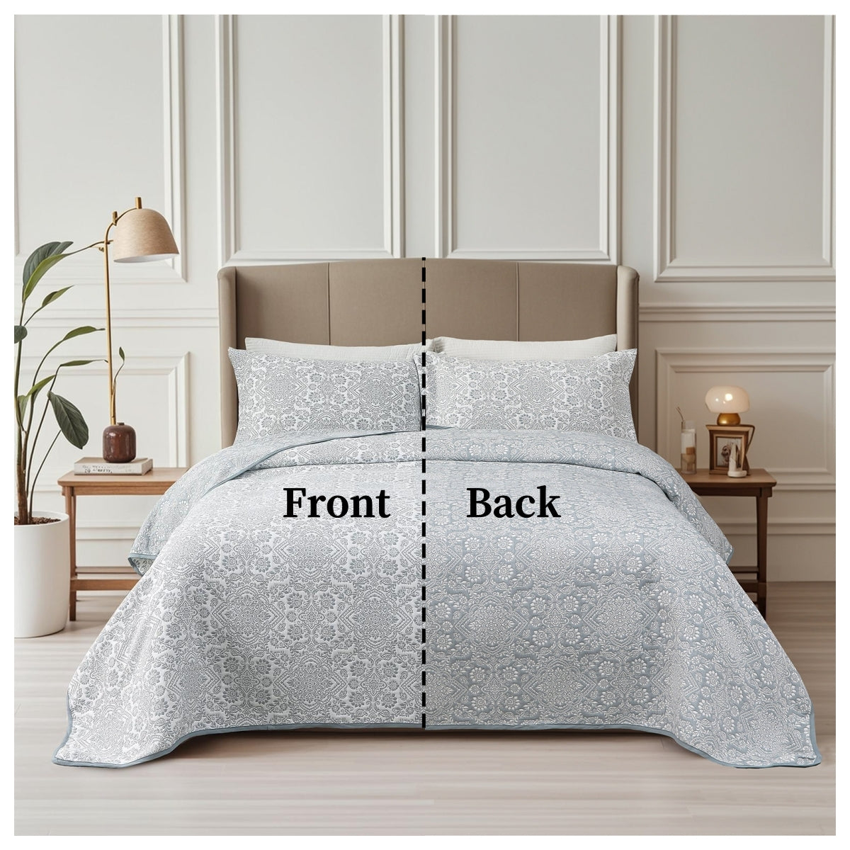 Jacquard Embroidered Stitching Soft Bedding Solid Summer Quilt Set, Blue Floral
