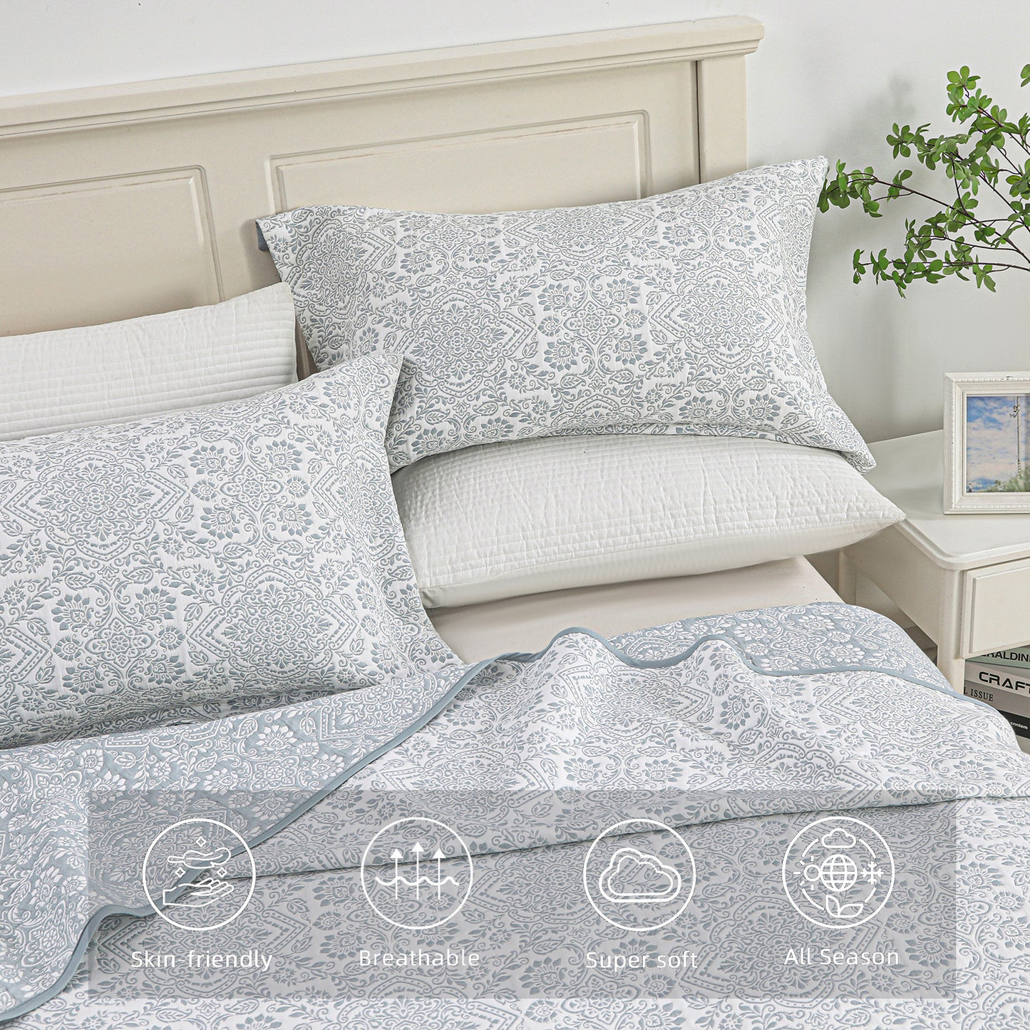 Jacquard Embroidered Stitching Soft Bedding Solid Summer Quilt Set, Blue Floral