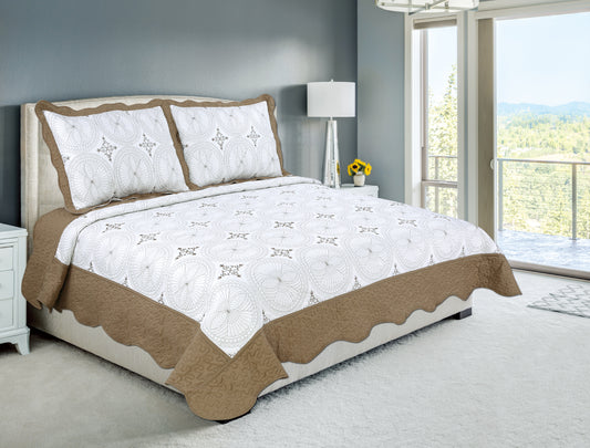Embroidered Stitching Soft Bedding Solid Summer Quilt Set, Geometric Circles