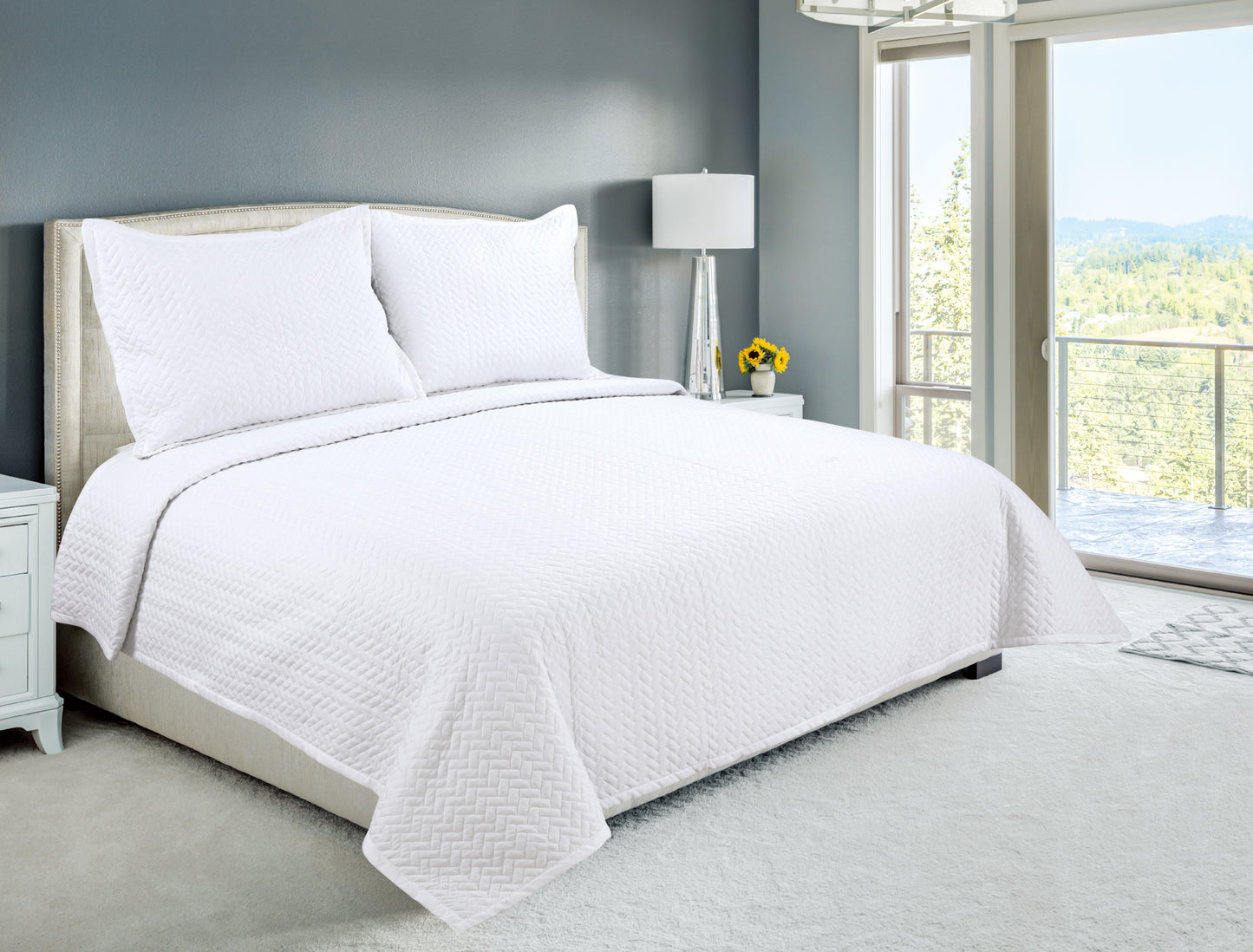 Embroidered Stitching Soft Bedding Solid Summer Quilt Set, Herringbone Pattern