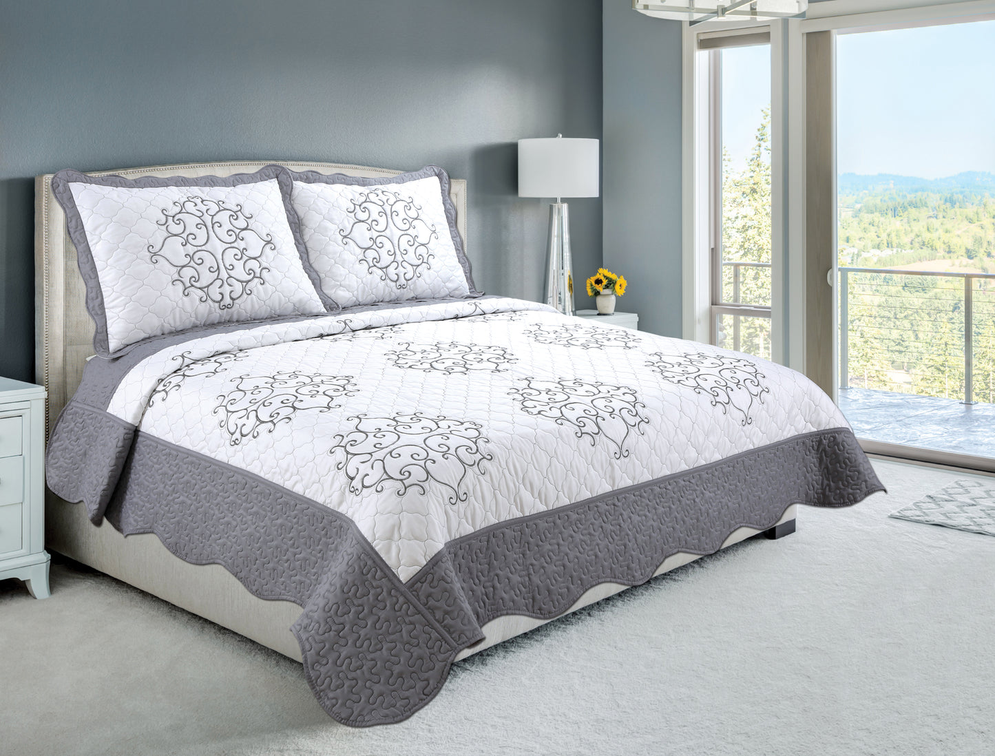 Embroidered Stitching Soft Bedding Solid Summer Quilt Set