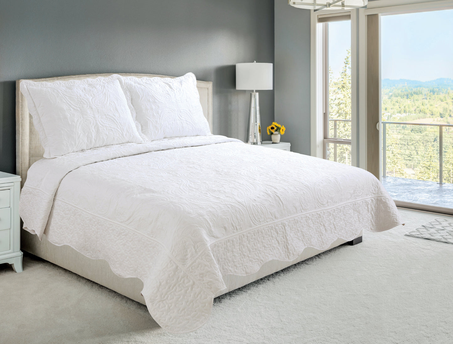 Embroidered Stitching Soft Bedding Solid Summer Quilt Set, Floral Paisley Pattern