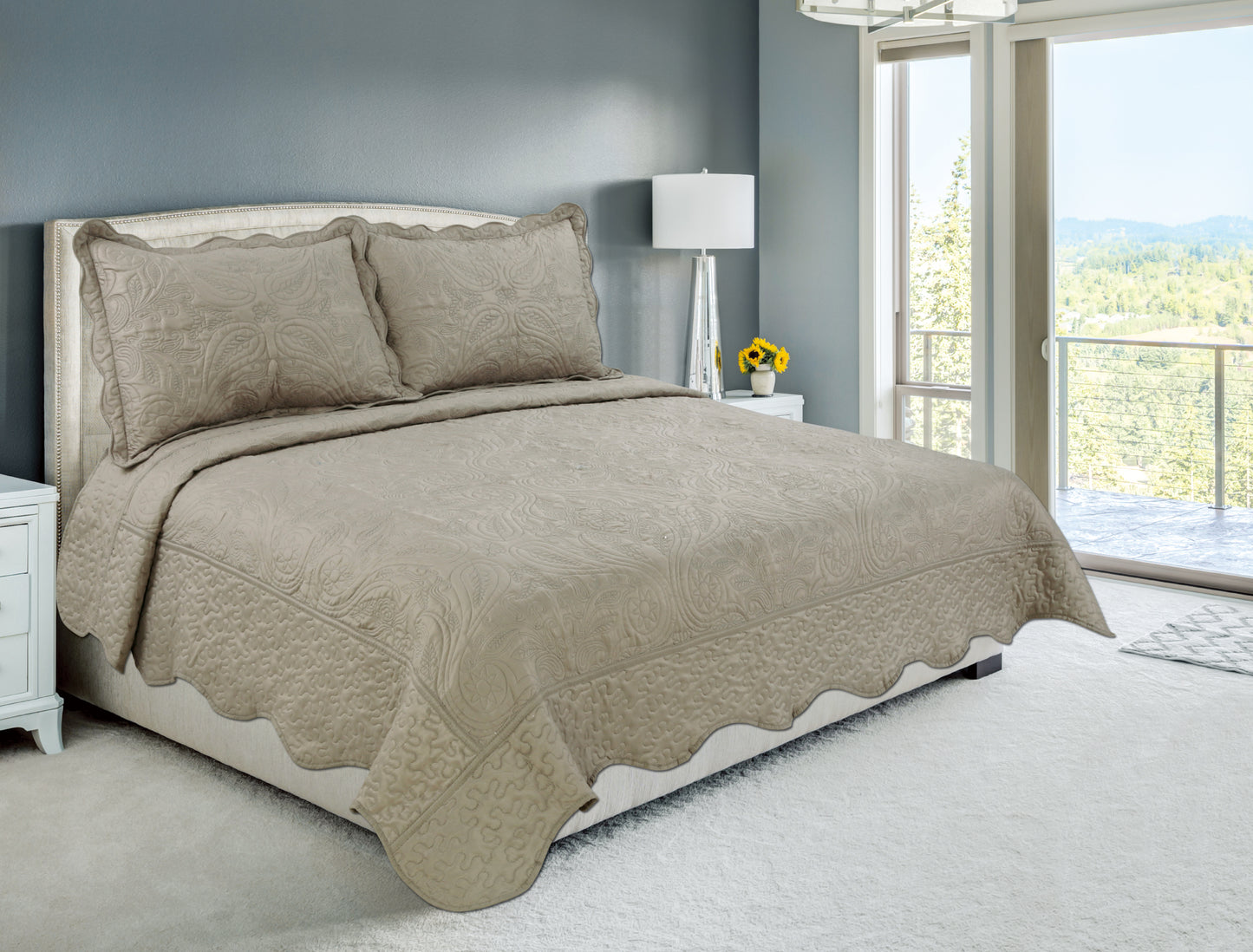 Embroidered Stitching Soft Bedding Solid Summer Quilt Set, Floral Paisley Pattern