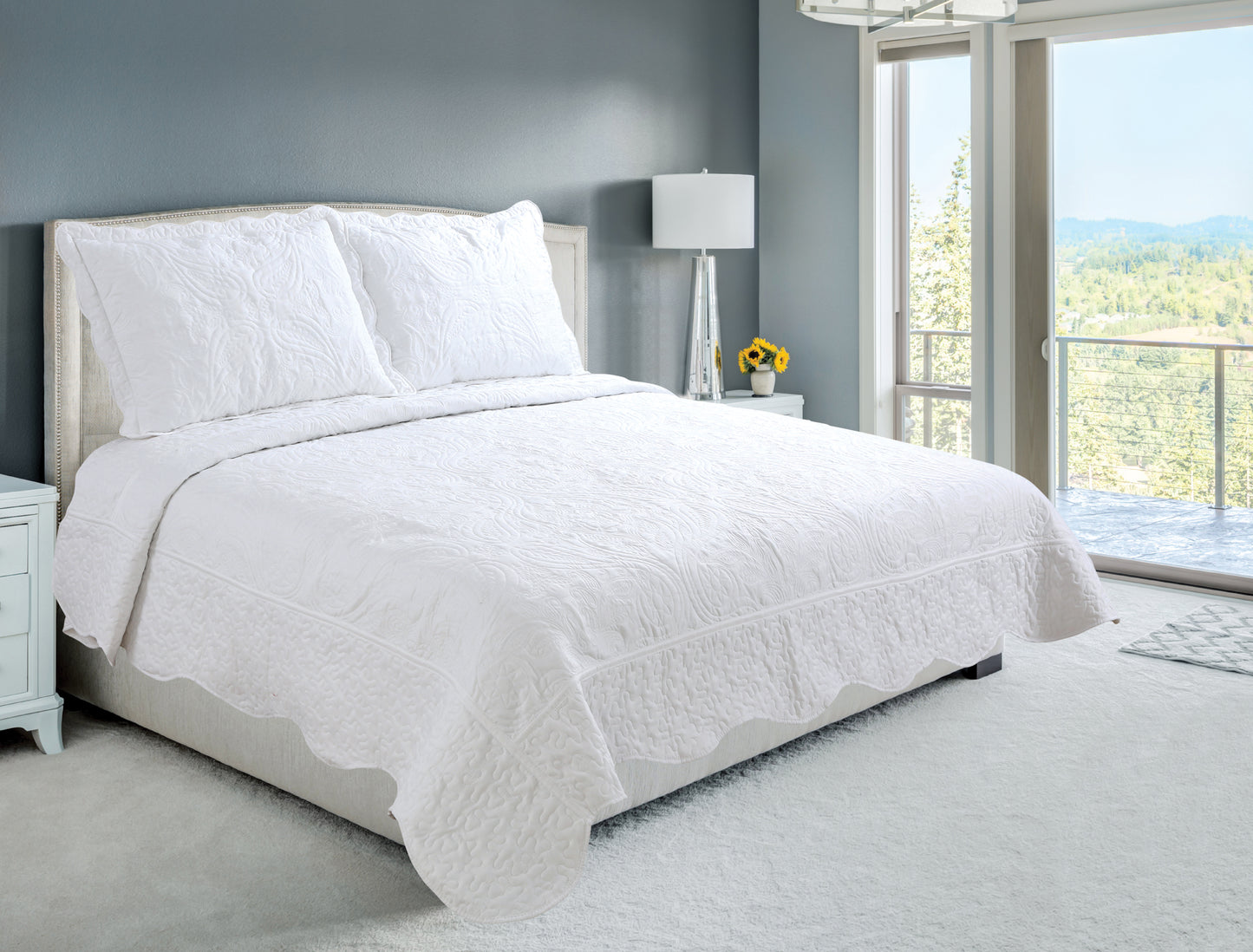Embroidered Stitching Soft Bedding Solid Summer Quilt Set, Floral Paisley Pattern