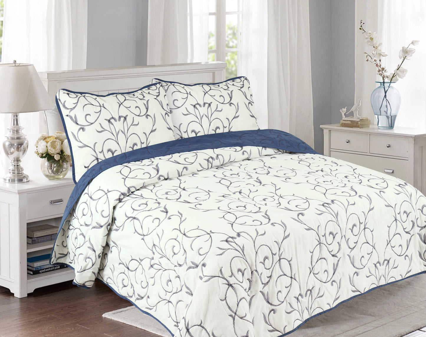 Embroidered Stitching Soft Bedding Solid Summer Quilt Set, Branch Pattern