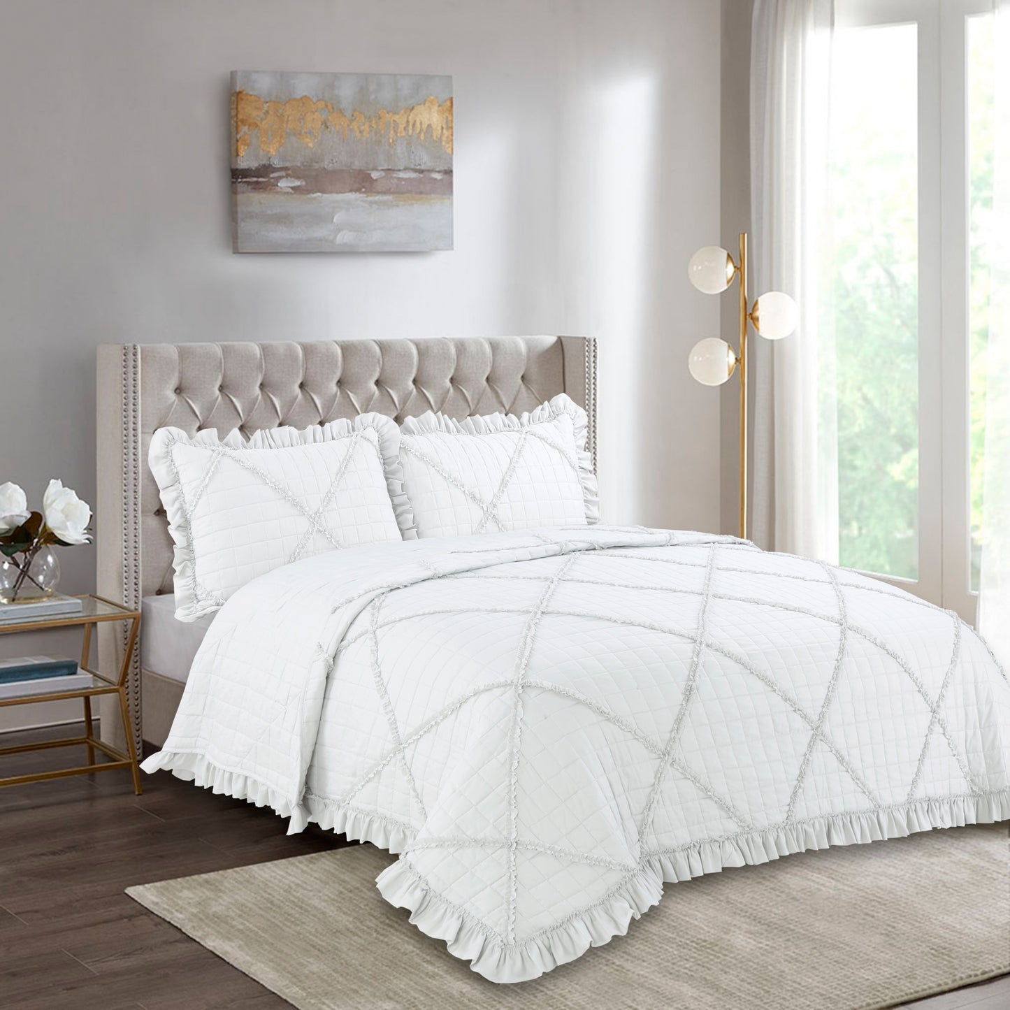 Embroidered Stitching Ruffled Textured Shabby Soft Bedding Solid Summer Quilt Set