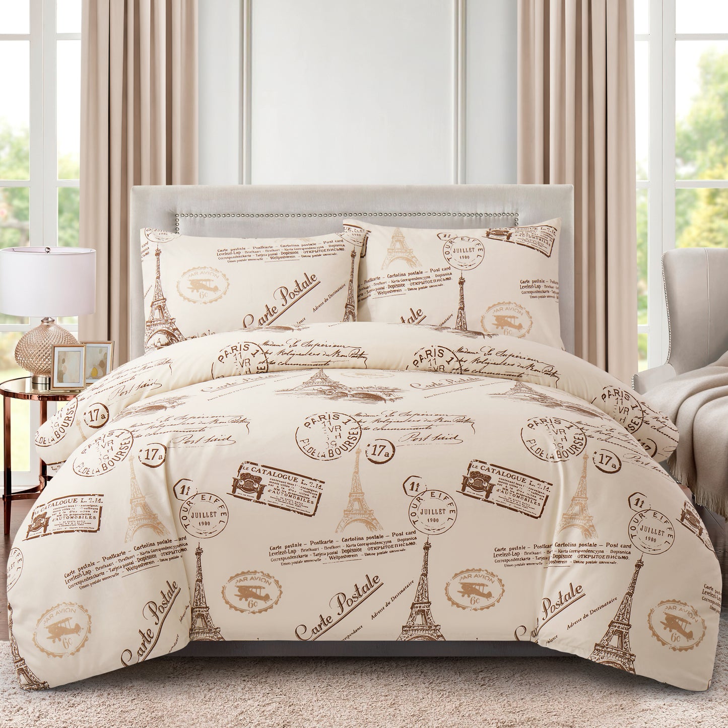 Printed Rayon from Bamboo Soft Bedding Silky Zipper All Season Duvet Cover Set, Elfin Tower Ivory