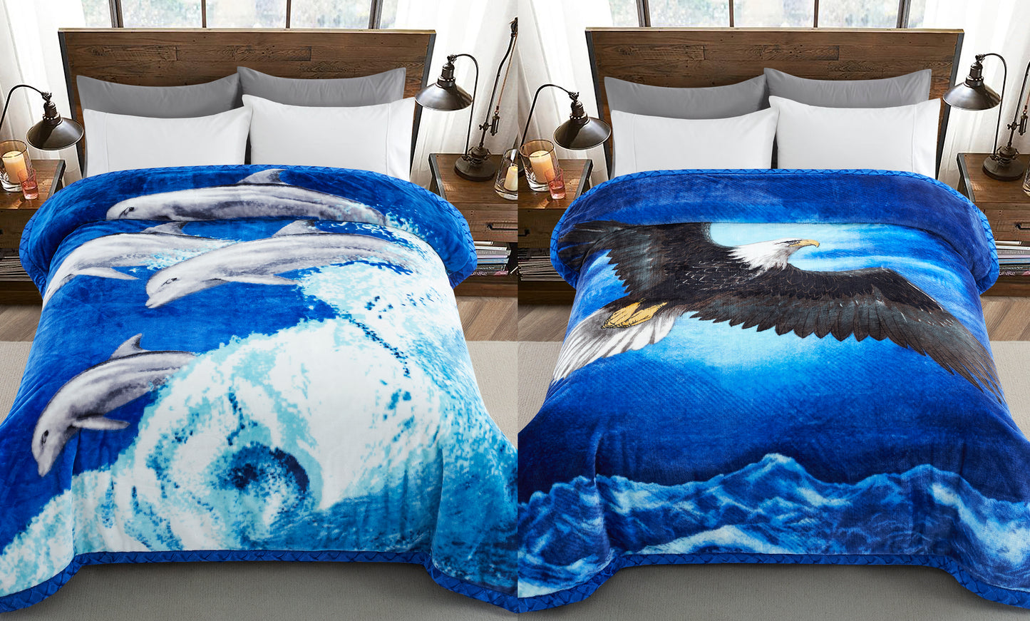 Printed Reversible Woven Fluffy Plush Soft Warm Korean Style 2 Ply Flannel Fleece Throw Animal Mink Blanket, 78" x 86" Bald Eagle Dolphin