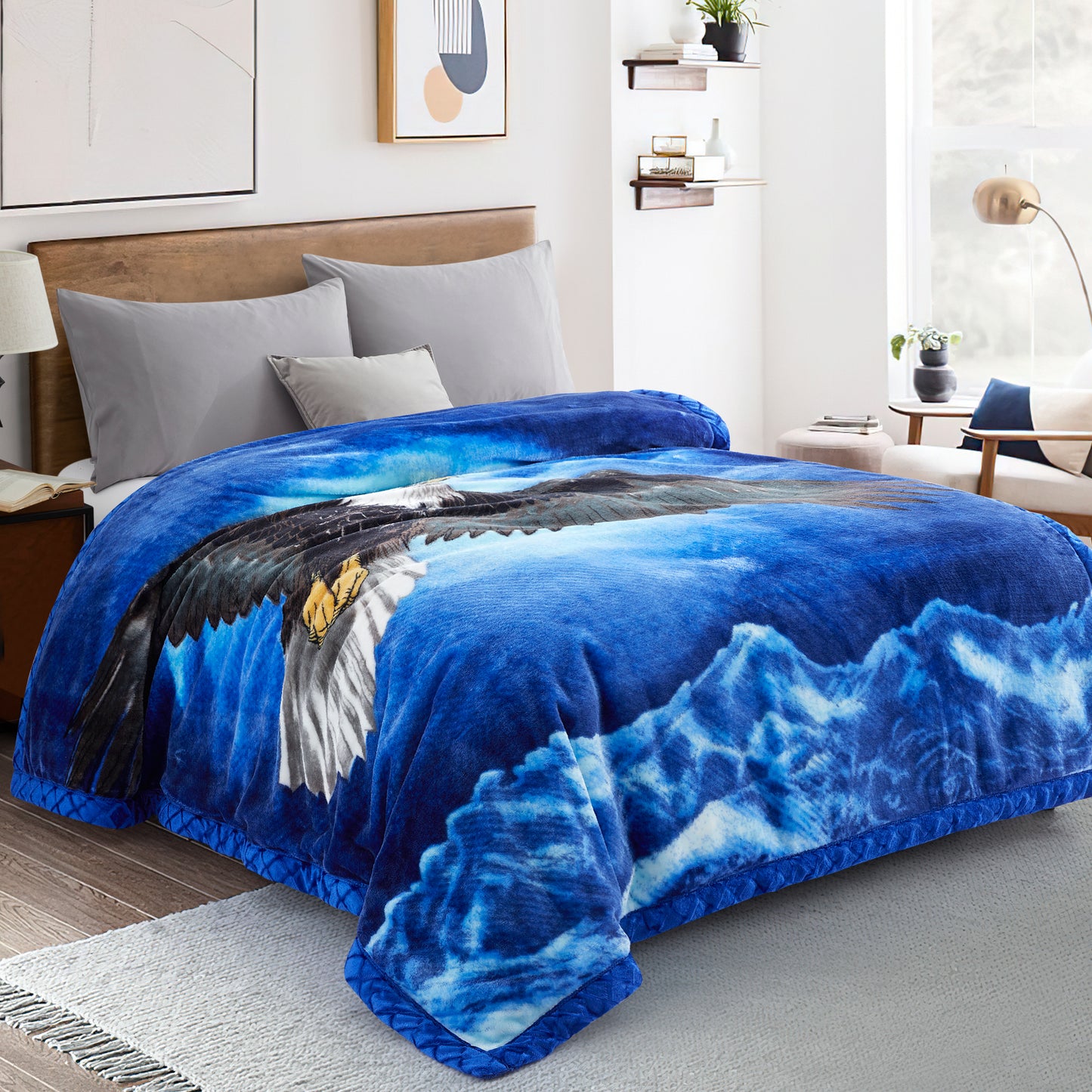 Printed Reversible Woven Fluffy Plush Soft Warm Korean Style 2 Ply Flannel Fleece Throw Animal Mink Blanket, 78" x 86" Bald Eagle Dolphin