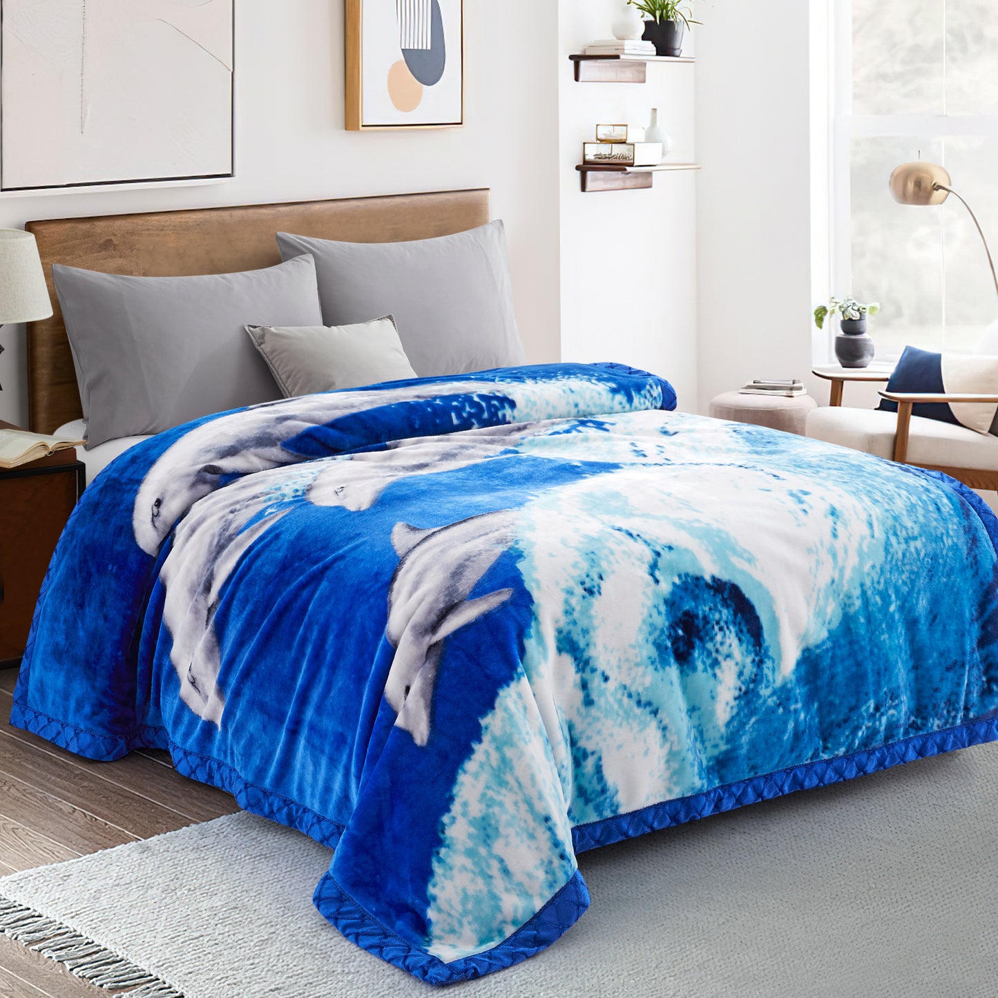 Printed Reversible Woven Fluffy Plush Soft Warm Korean Style 2 Ply Flannel Fleece Throw Animal Mink Blanket, 78" x 86" Bald Eagle Dolphin