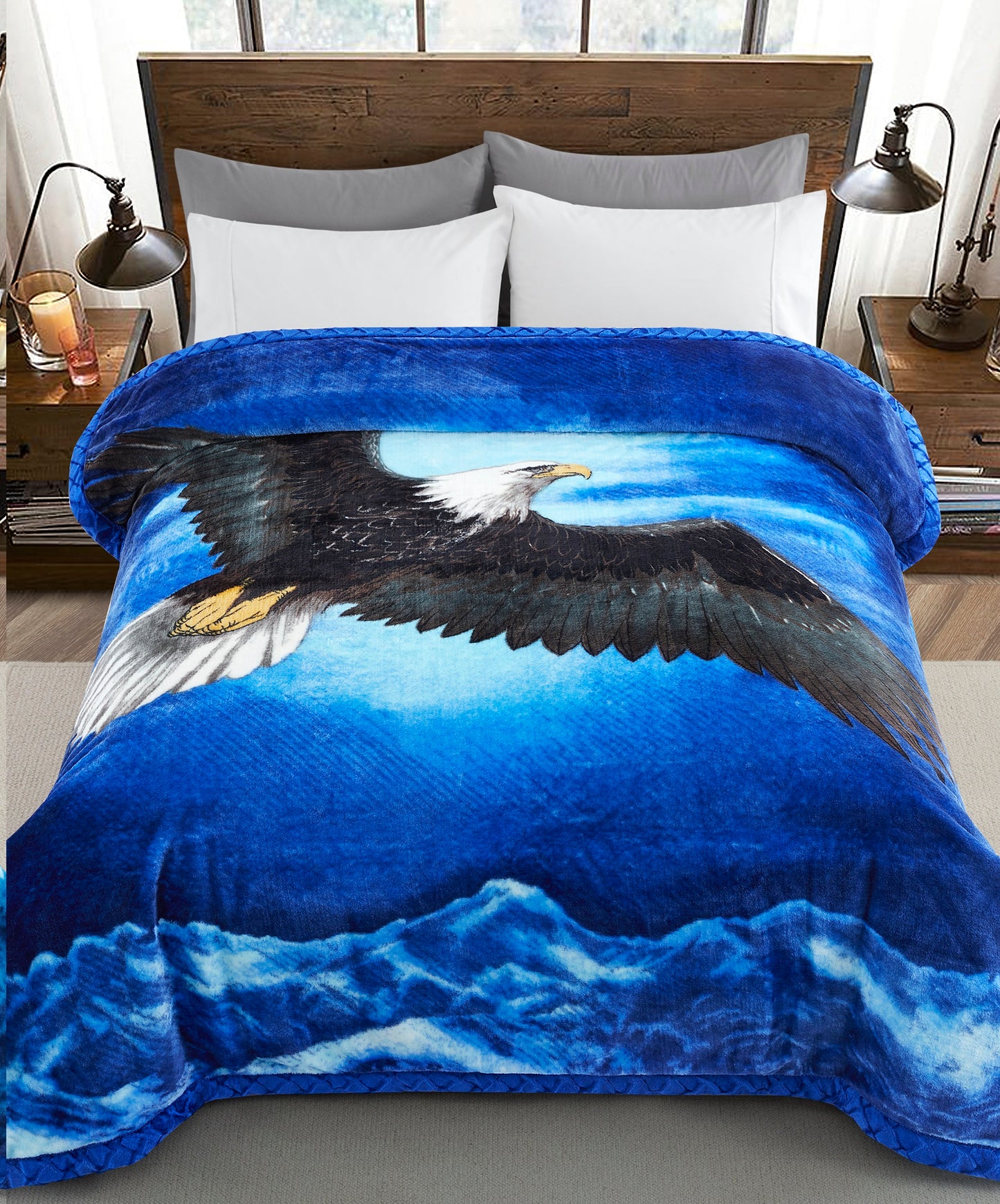 Printed Reversible Woven Fluffy Plush Soft Warm Korean Style 2 Ply Flannel Fleece Throw Animal Mink Blanket, 78" x 86" Bald Eagle Dolphin