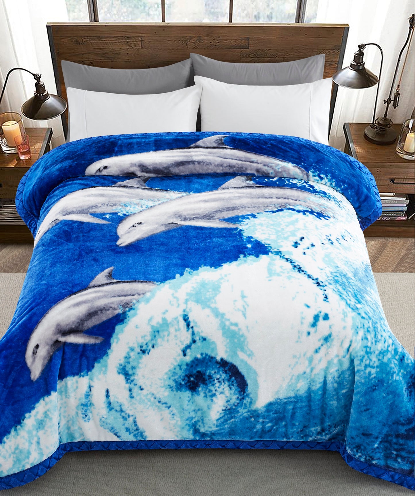 Printed Reversible Woven Fluffy Plush Soft Warm Korean Style 2 Ply Flannel Fleece Throw Animal Mink Blanket, 78" x 86" Bald Eagle Dolphin