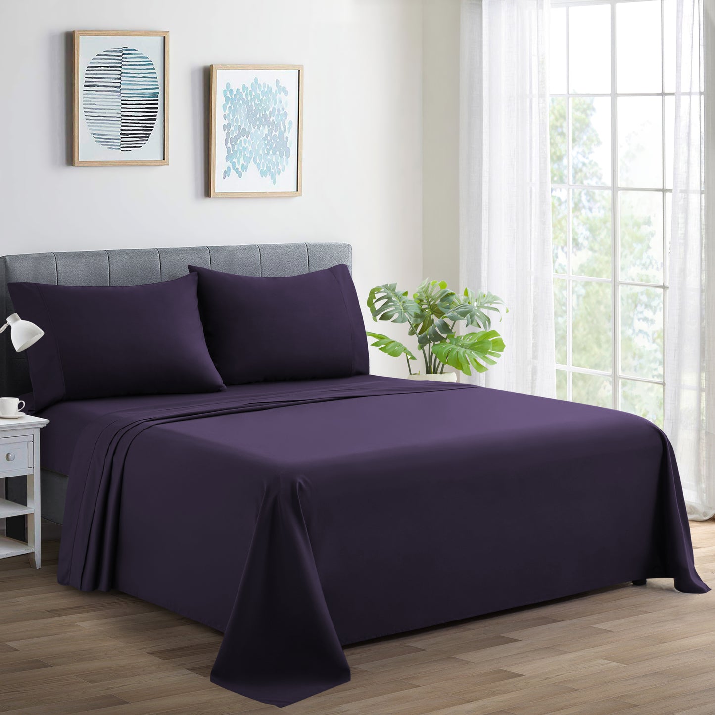 600 Thread Count Cotton Percale Soft Deep Pocket Solid Bedding All Season Sheet Set, Eggplant