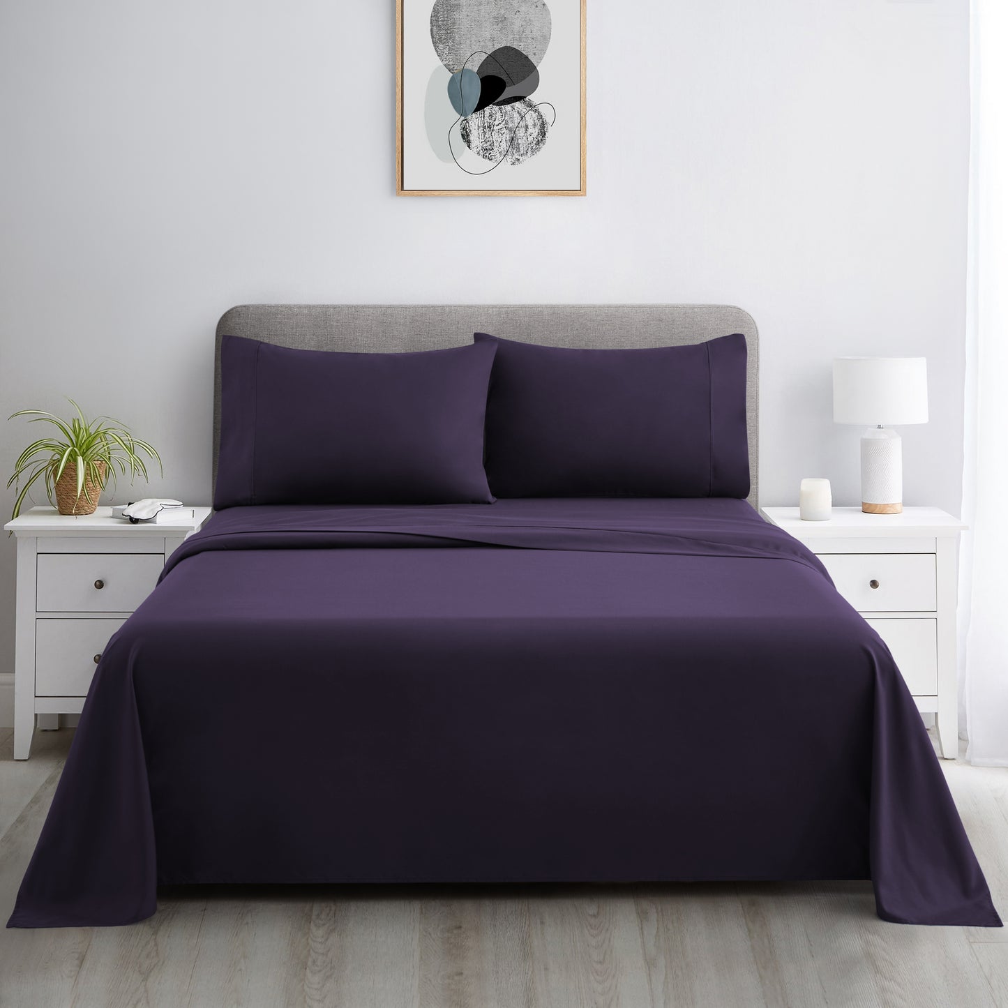 600 Thread Count Cotton Percale Soft Deep Pocket Solid Bedding All Season Sheet Set, Eggplant