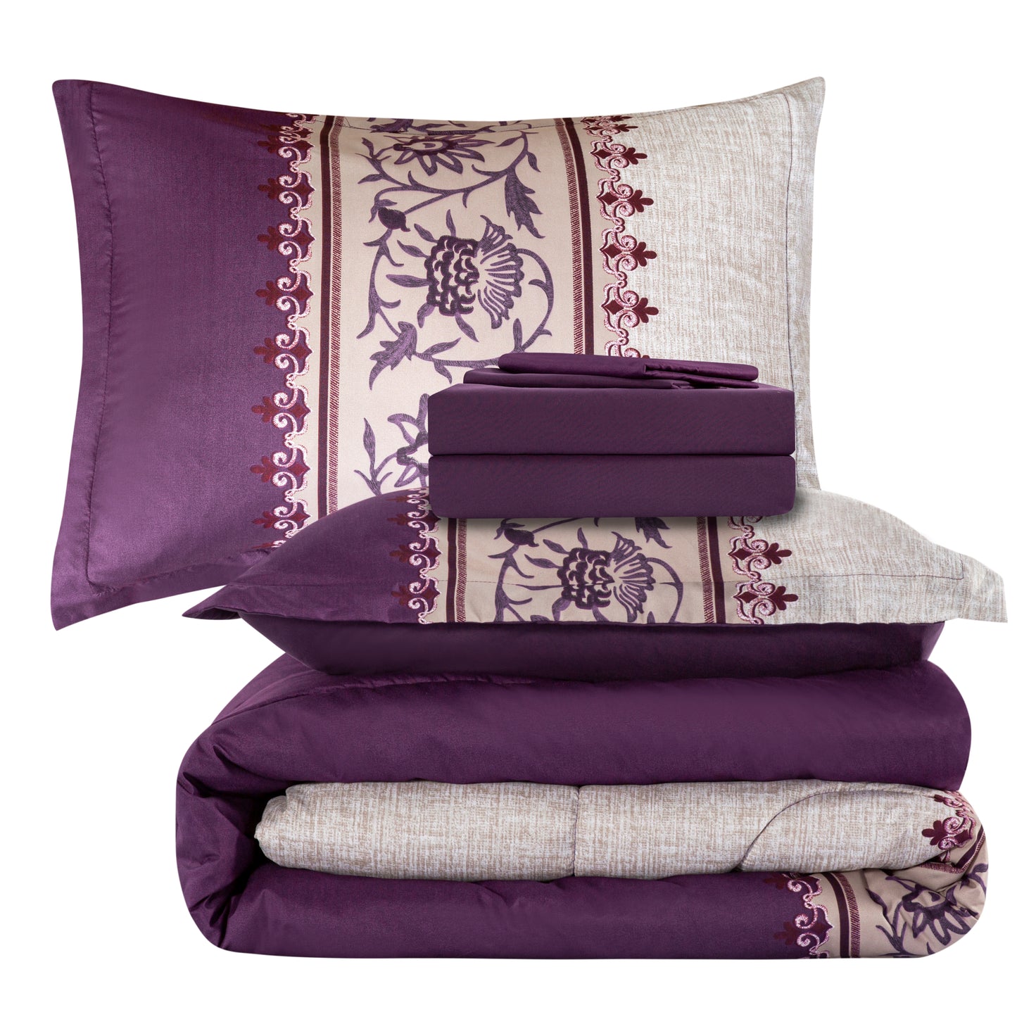 Printed Bed in a Bag Soft Luxury Fluffy Goose Down Alternative Comforter and Sheet Set, Modern Eggplant Aster Floral Pattern