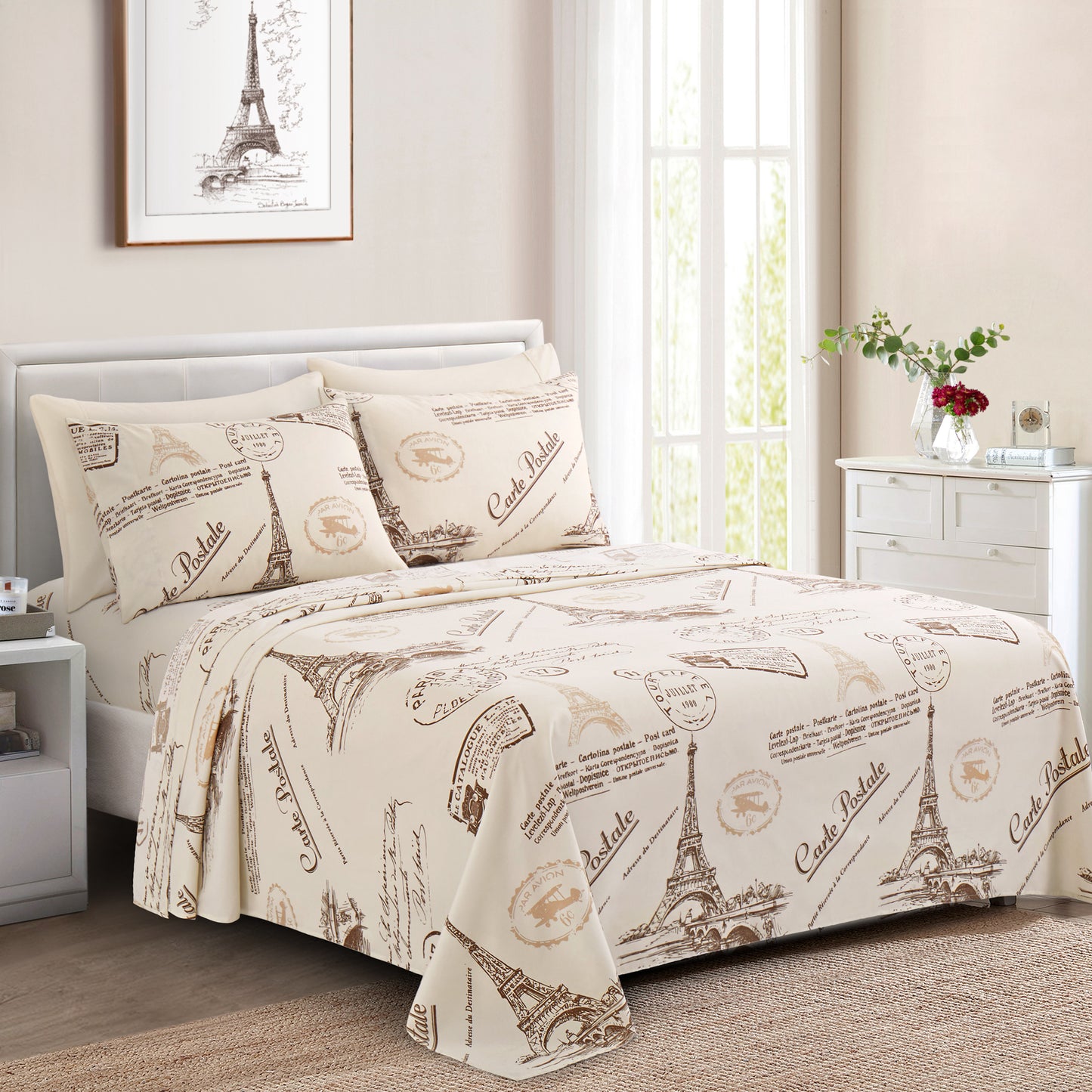 Printed Rayon from Bamboo Soft Deep Pocket Bedding All Season Sheet Set, Elfin Tower Ivory
