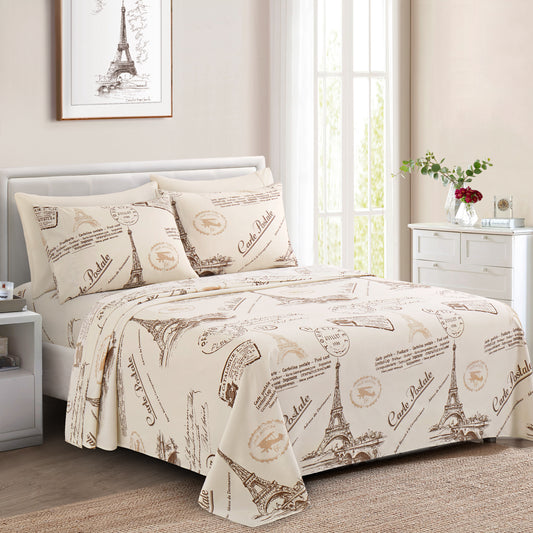 Printed Rayon from Bamboo Soft Deep Pocket Bedding All Season Sheet Set, Elfin Tower Ivory