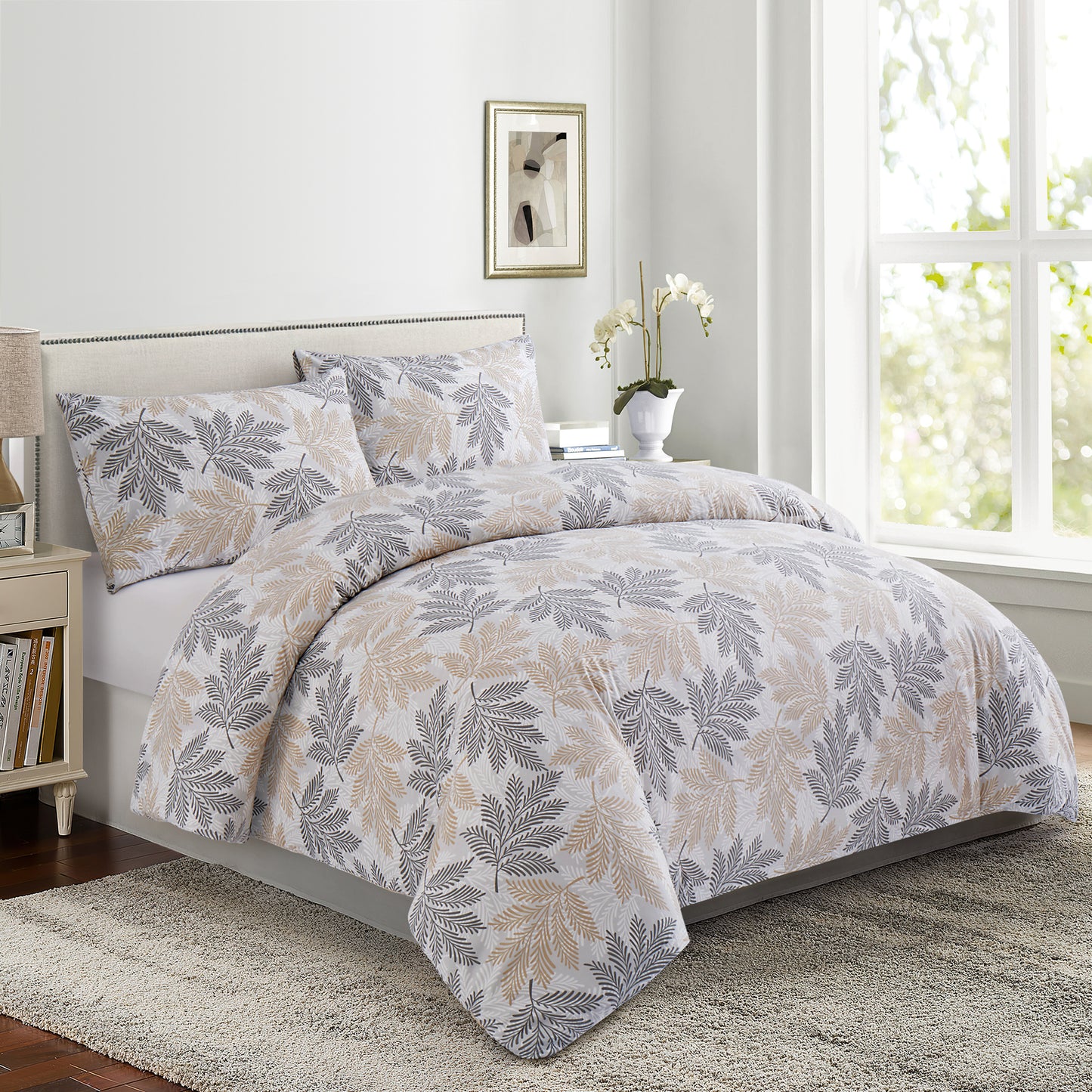 Printed Rayon from Bamboo Soft Bedding Silky Zipper All Season Duvet Cover Set, Taupe Grey Leaves