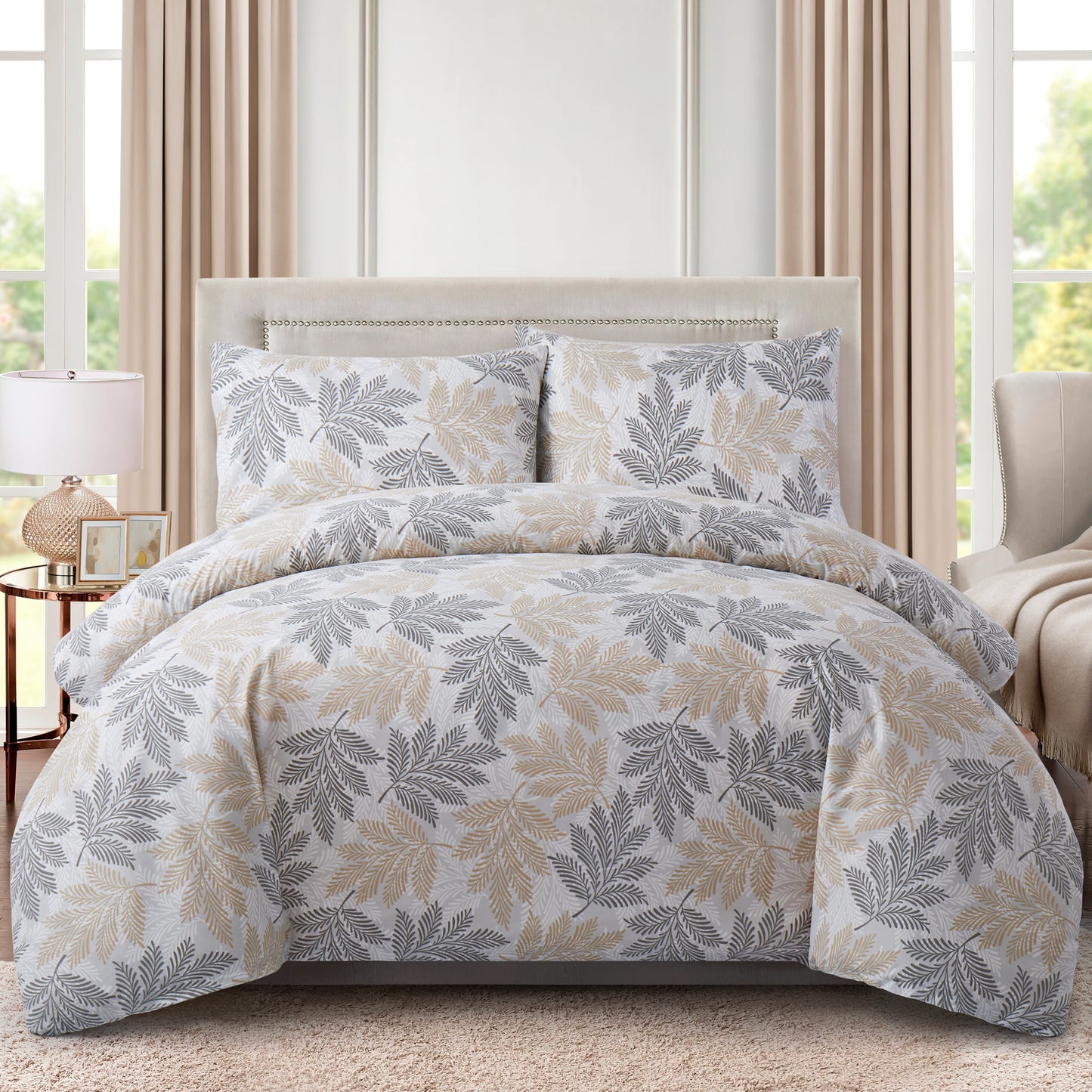 Printed Rayon from Bamboo Soft Bedding Silky Zipper All Season Duvet Cover Set, Taupe Grey Leaves