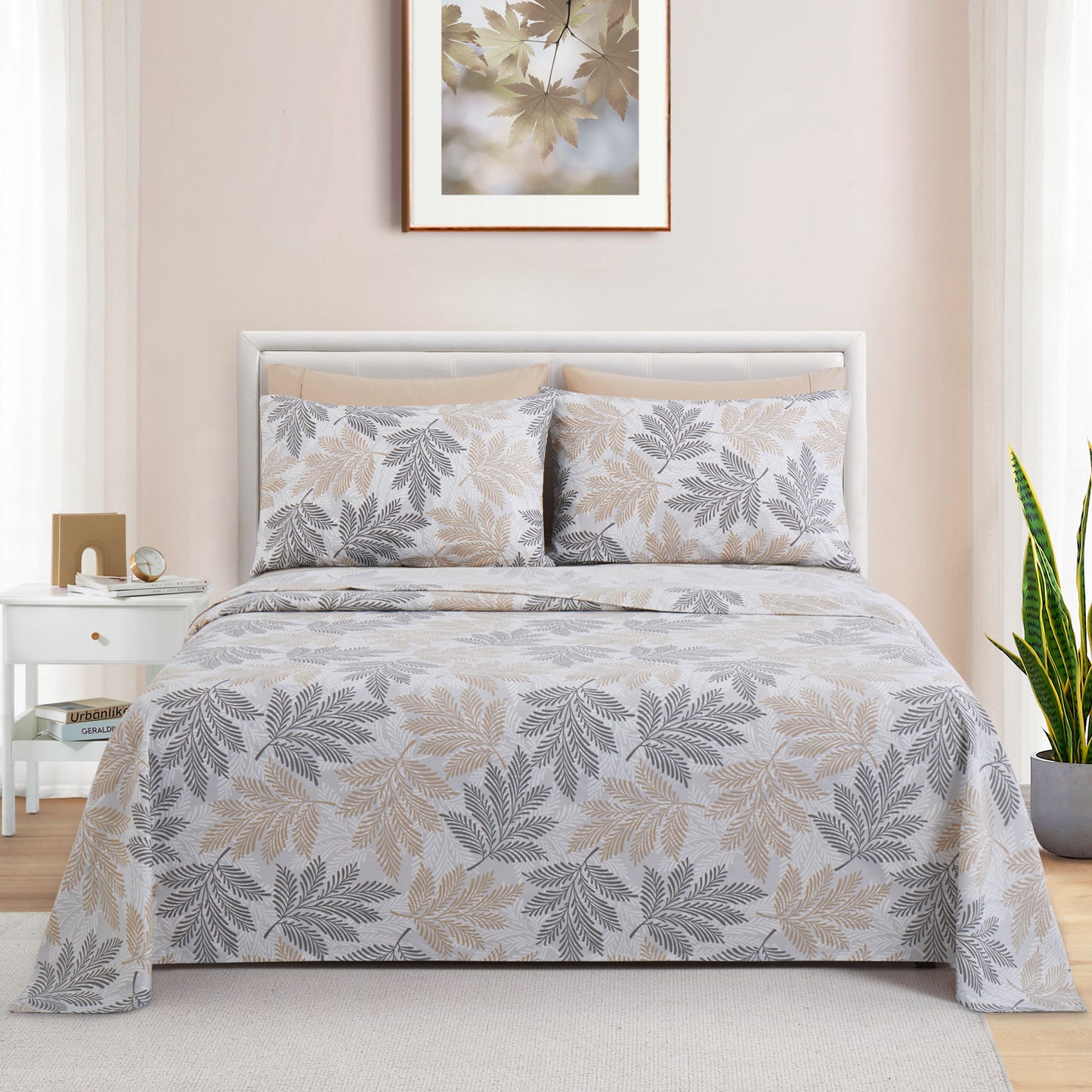 Printed Rayon from Bamboo Soft Deep Pocket Bedding All Season Sheet Set, Taupe Grey Leaves