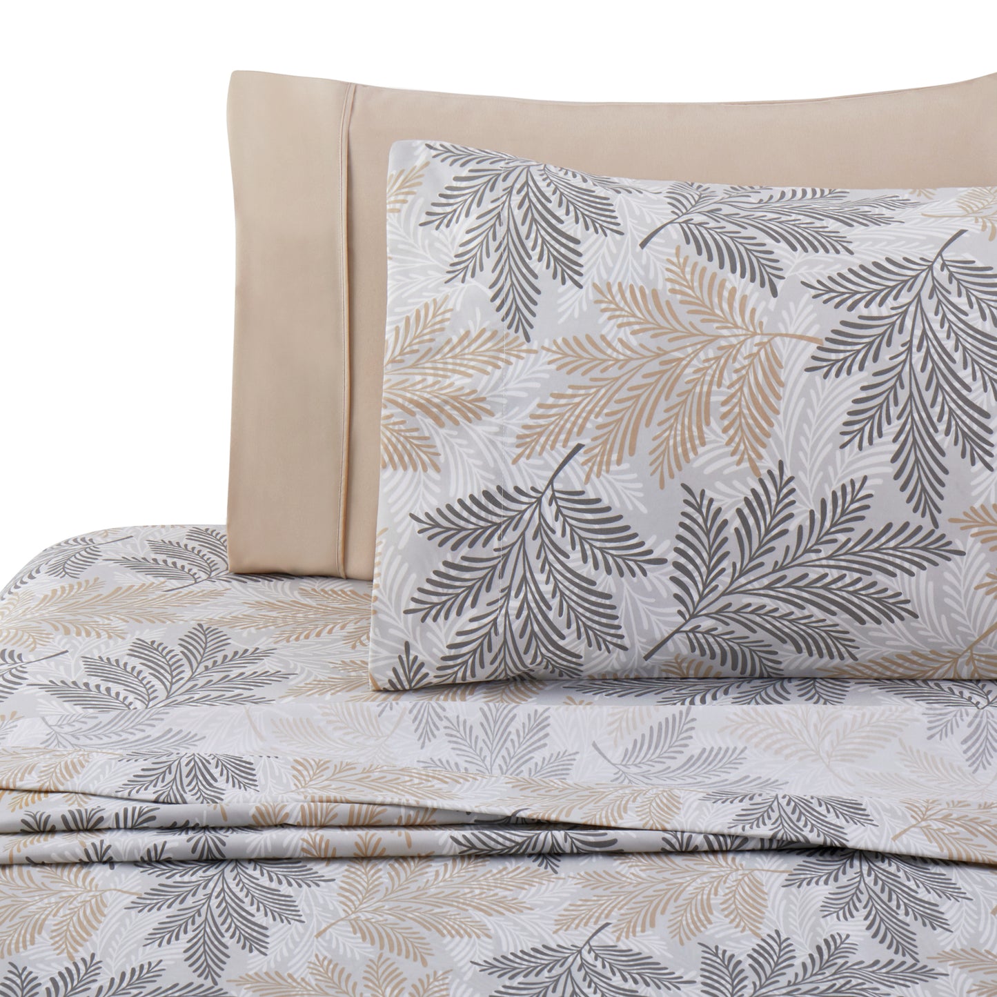Printed Rayon from Bamboo Soft Deep Pocket Bedding All Season Sheet Set, Taupe Grey Leaves