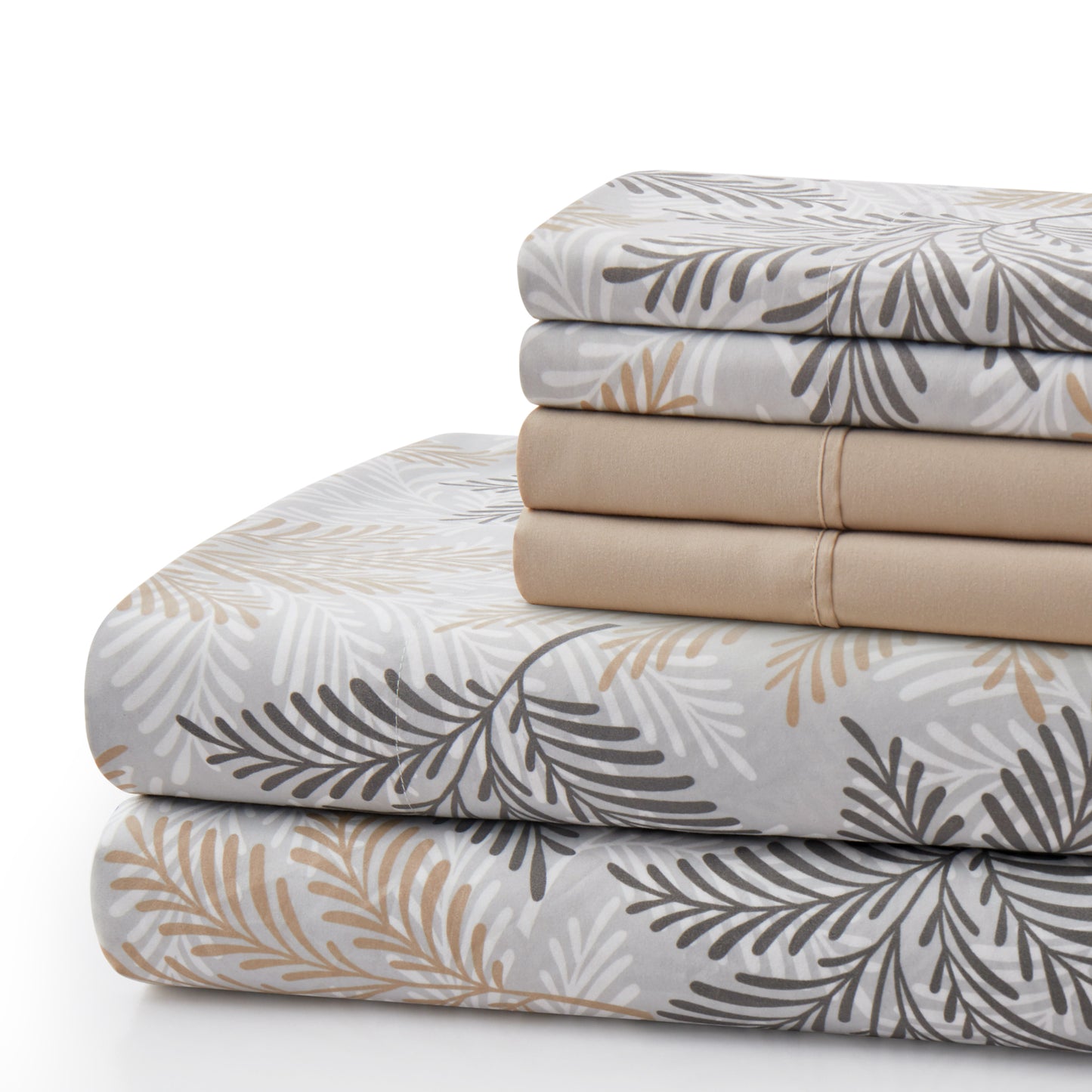 Printed Rayon from Bamboo Soft Deep Pocket Bedding All Season Sheet Set, Taupe Grey Leaves